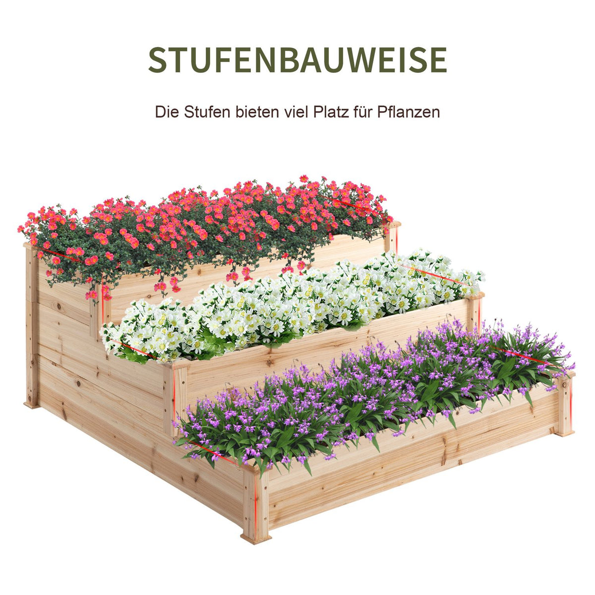 Raised Bed 3-Tier Garden Bed Plant Bed Herb Bed Flower Stairs For Balcony Garden Natural Fir Wood 124 X 124 X 56 Cm