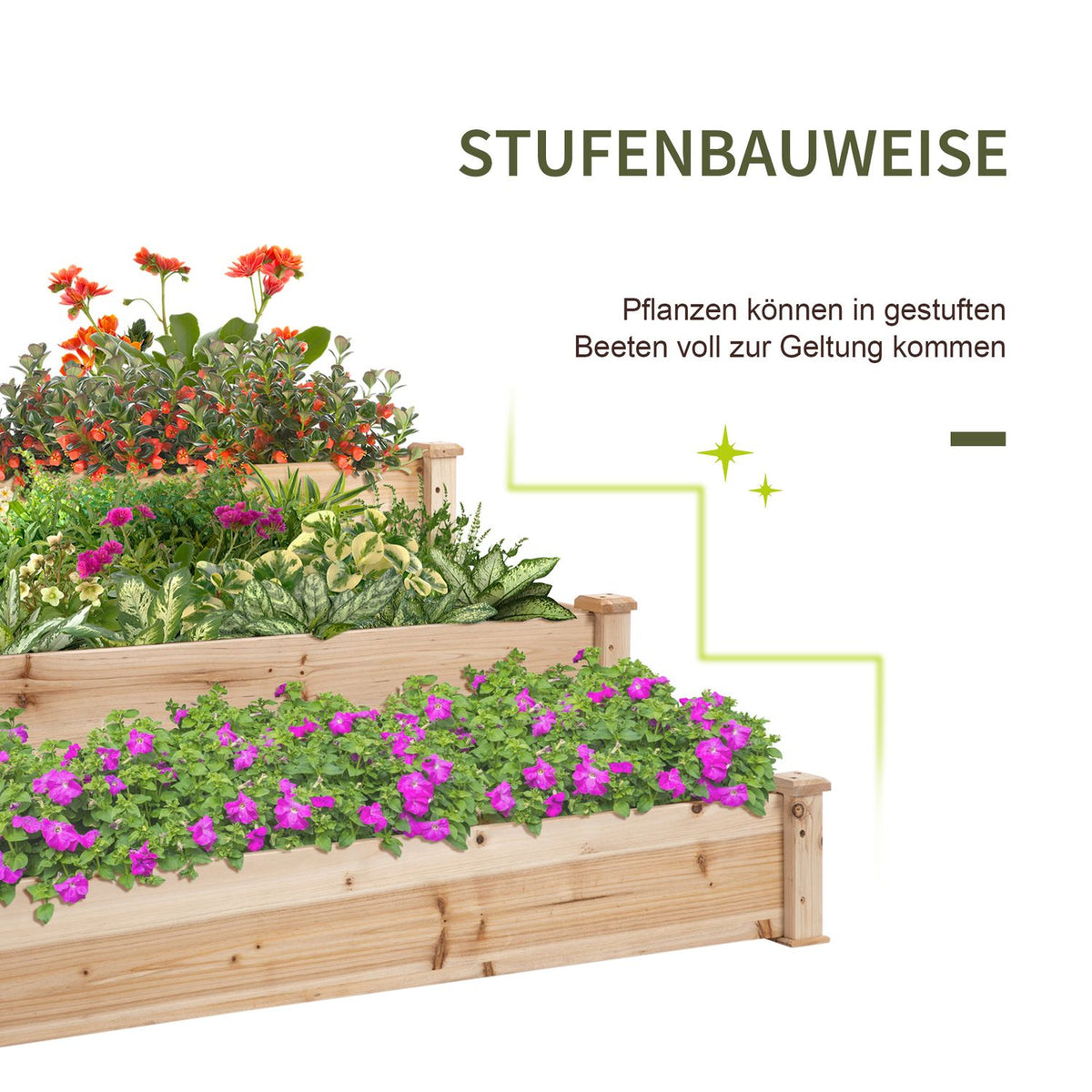 Raised Bed 3-Tier Garden Bed Plant Bed Herb Bed Flower Stairs For Balcony Garden Natural Fir Wood 124 X 124 X 56 Cm