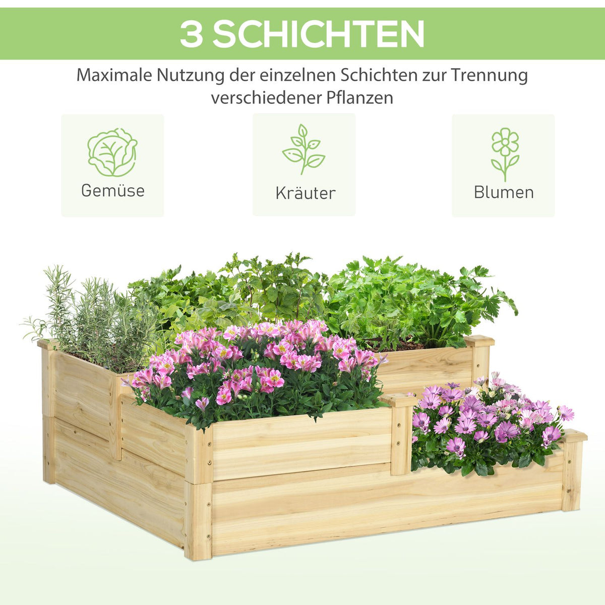 Raised Bed, 3-Tier Plant Bed, Flower Box, Herb Bed, Plant Stairs, Flower Stairs, Fir Wood, Natural