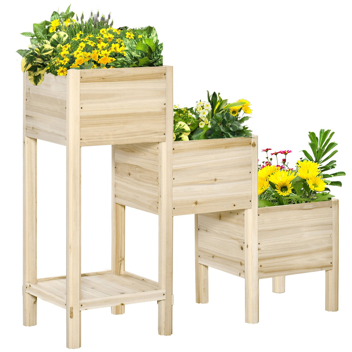 Raised Bed 3 Tier Wooden Plant Pot For Garden & Balcony, Natural, 125X45X108Cm