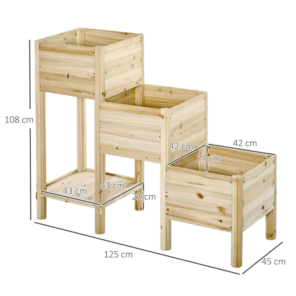 Raised Bed 3 Tier Wooden Plant Pot For Garden & Balcony, Natural, 125X45X108Cm