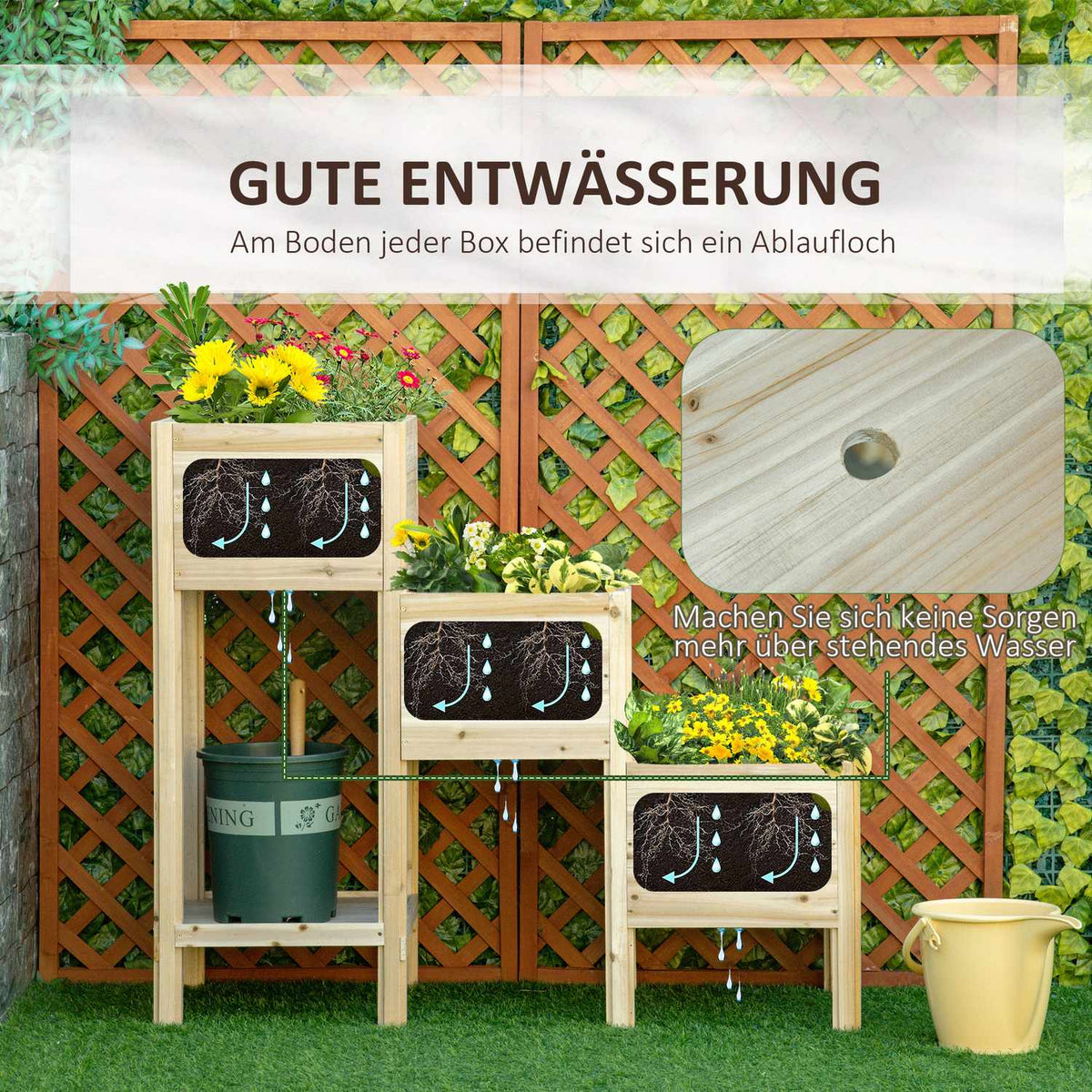 Raised Bed 3 Tier Wooden Plant Pot For Garden & Balcony, Natural, 125X45X108Cm
