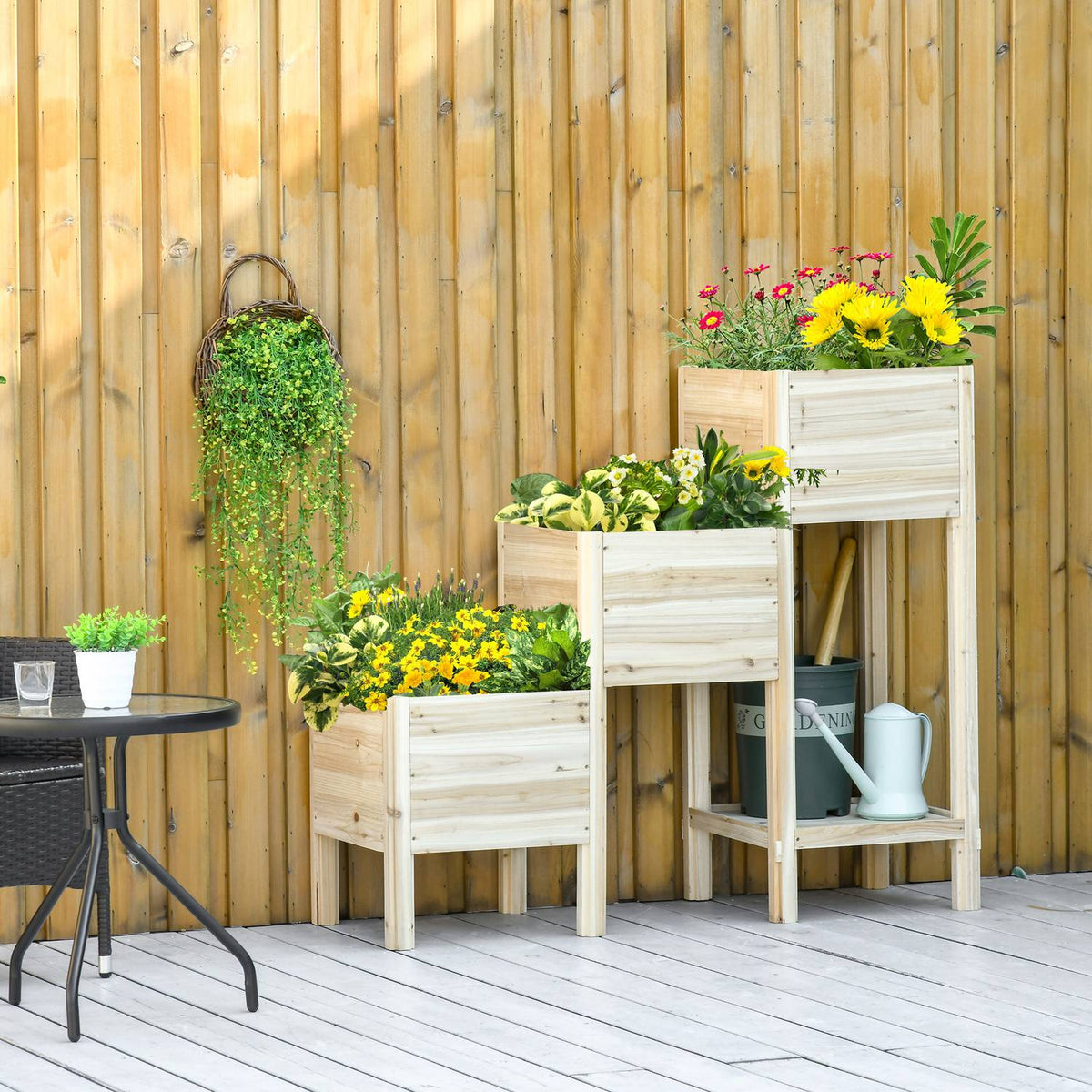 Raised Bed 3 Tier Wooden Plant Pot For Garden & Balcony, Natural, 125X45X108Cm