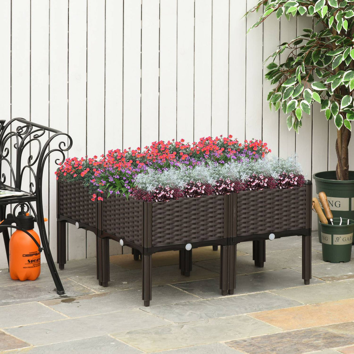 Raised Bed 4-Piece Planter Box With Drainage Holes, Rattan Look, Diy, Brown, 40X40X44Cm