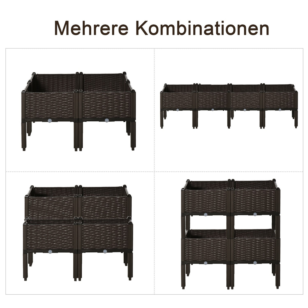 Raised Bed 4-Piece Planter Box With Drainage Holes, Rattan Look, Diy, Brown, 40X40X44Cm
