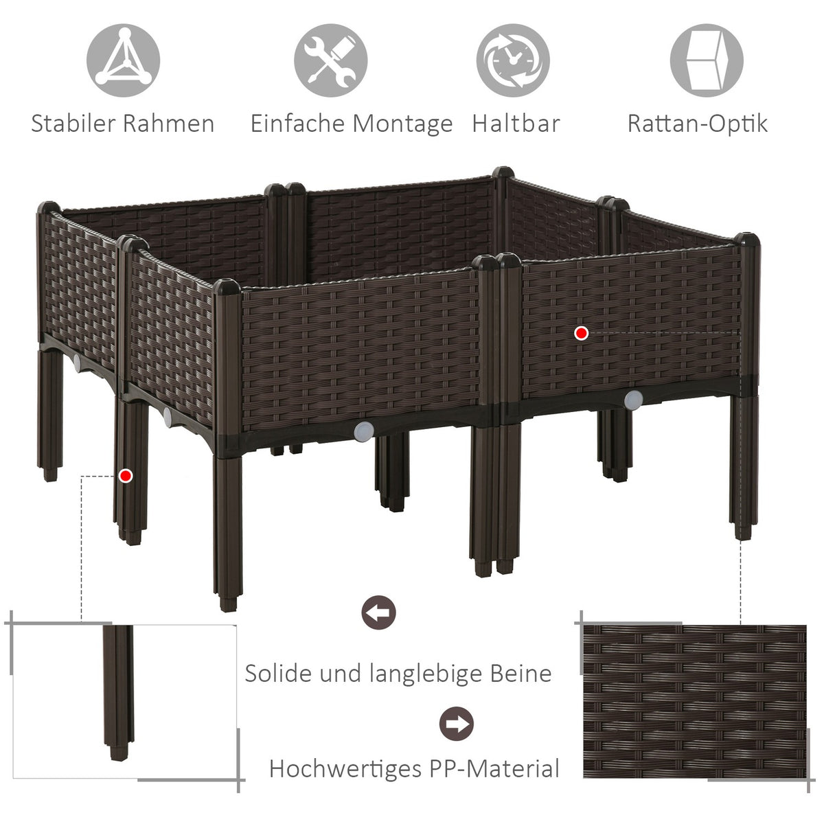 Raised Bed 4-Piece Planter Box With Drainage Holes, Rattan Look, Diy, Brown, 40X40X44Cm