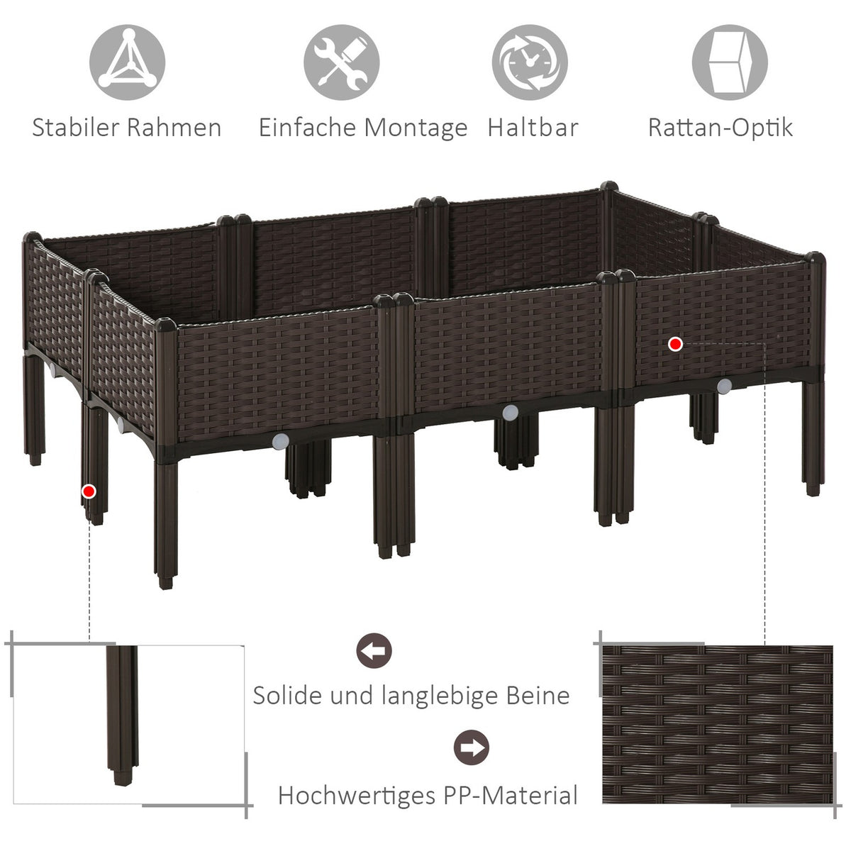 Raised Bed 6-Piece Planter Box With Drainage Holes, Rattan Look, Diy, Brown, 40X40X44Cm