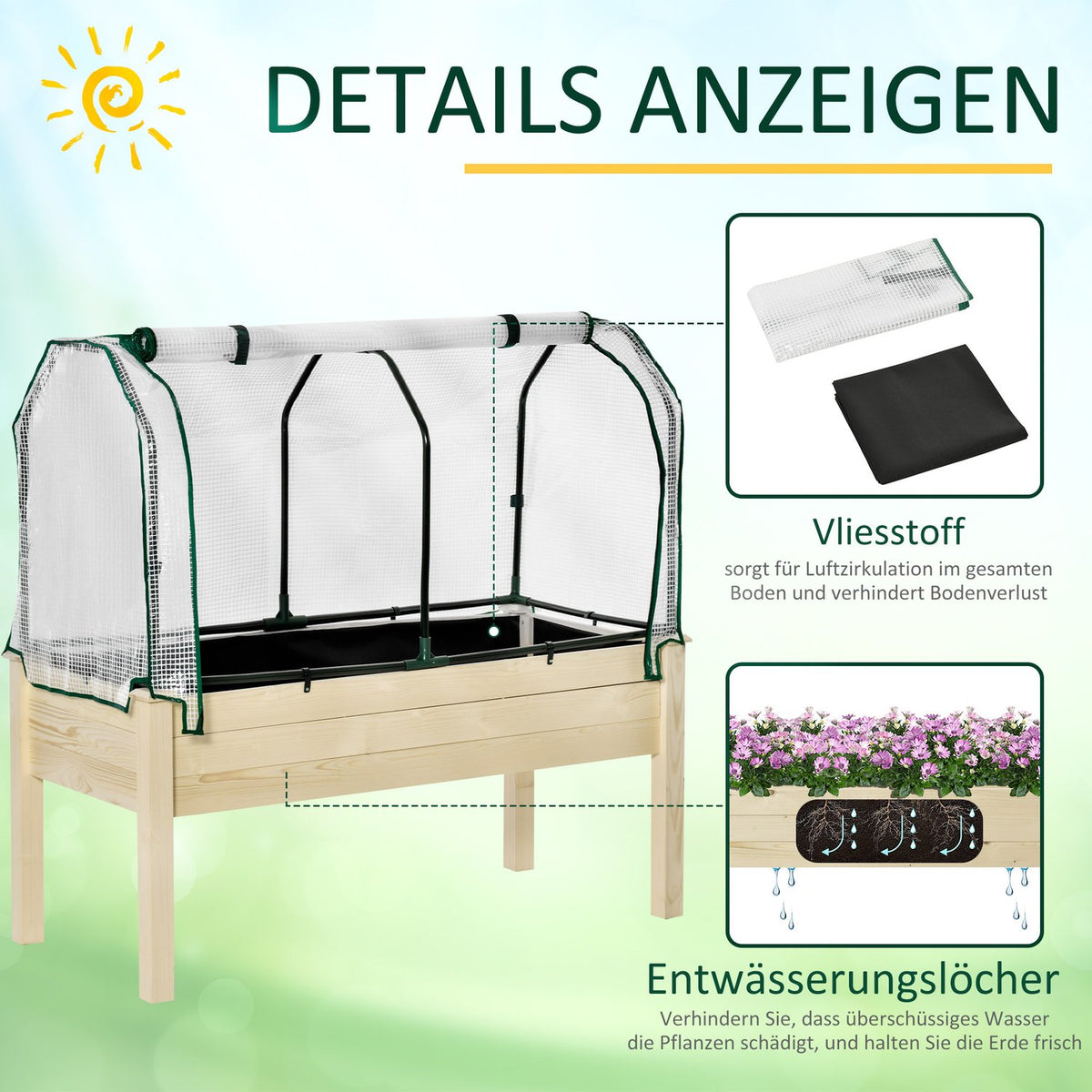 Raised Bed Cold Frame With Greenhouse, Vegetable Bed With Fabric Lining, Herb Bed With Steel Frame, Flower Box For Garden, Balcony, Fir Wood, Natural 121 X 55 X 117Cm