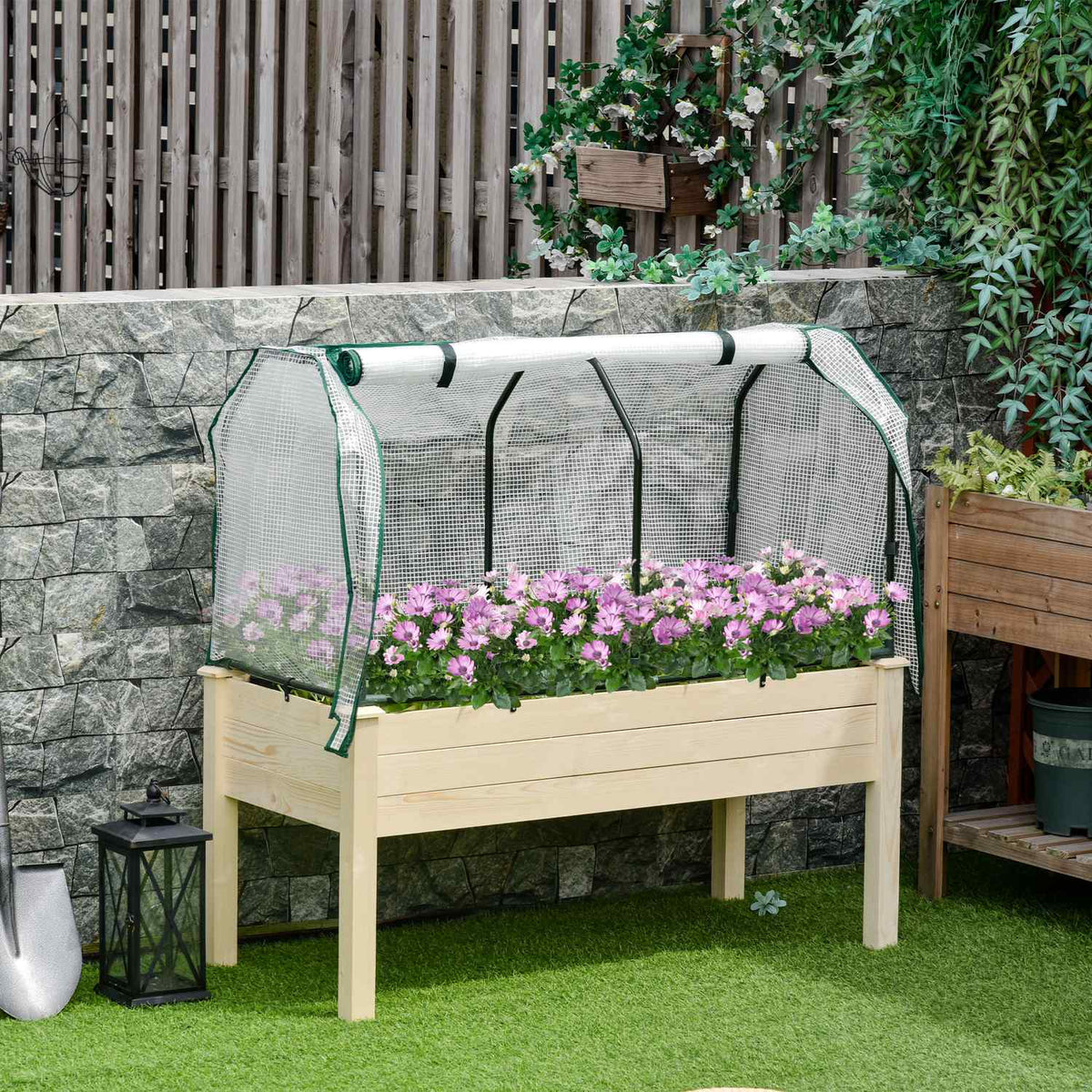 Raised Bed Cold Frame With Greenhouse, Vegetable Bed With Fabric Lining, Herb Bed With Steel Frame, Flower Box For Garden, Balcony, Fir Wood, Natural 121 X 55 X 117Cm
