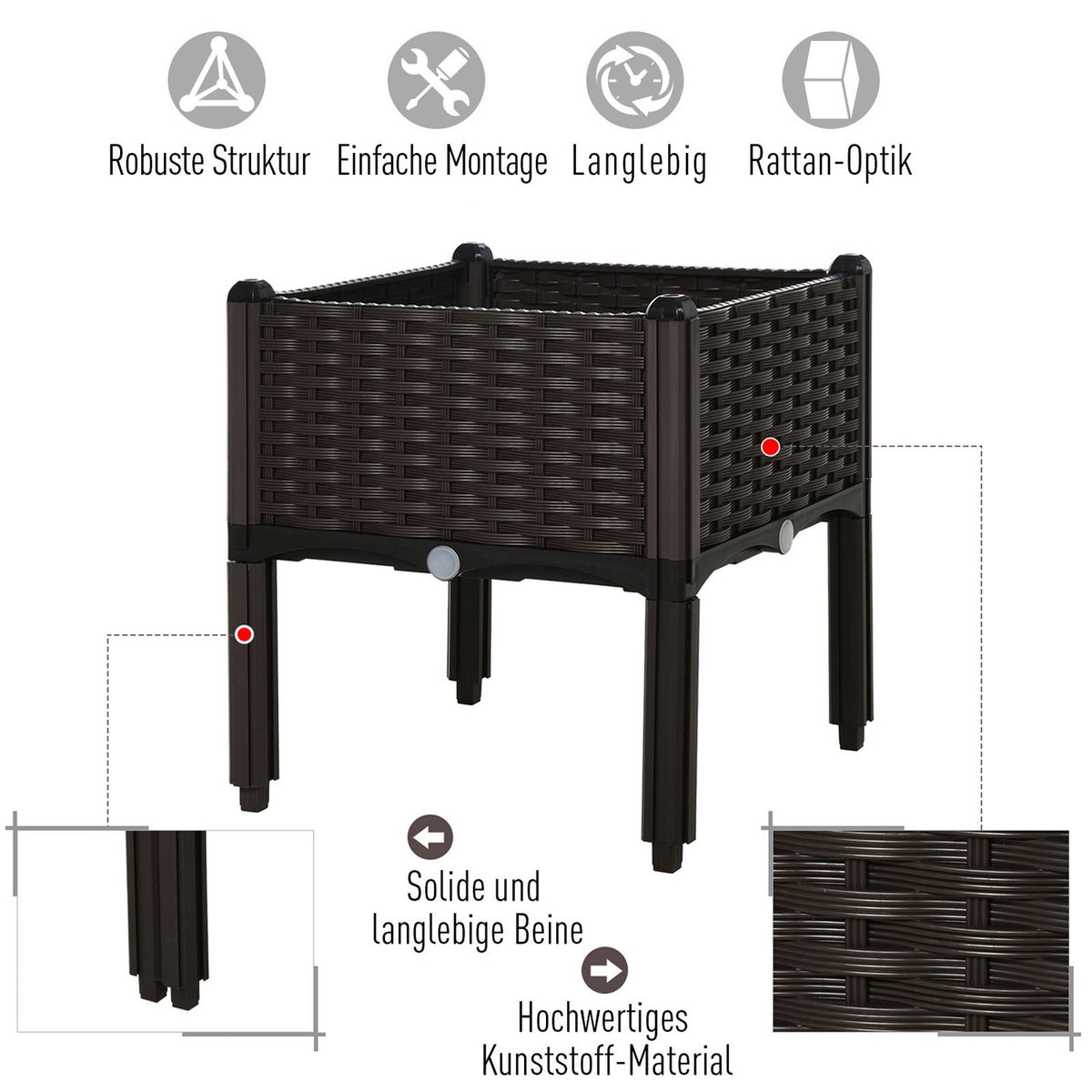 Raised Bed Double Planter In Rattan Look With Drainage Holes, Pp, Brown, 80X40X44Cm