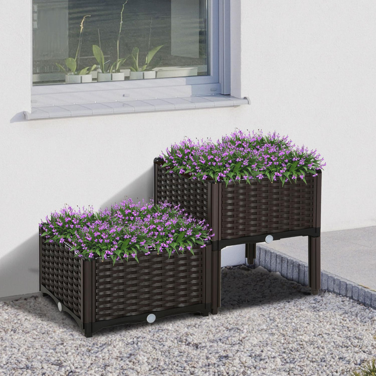 Raised Bed Double Planter In Rattan Look With Drainage Holes, Pp, Brown, 80X40X44Cm