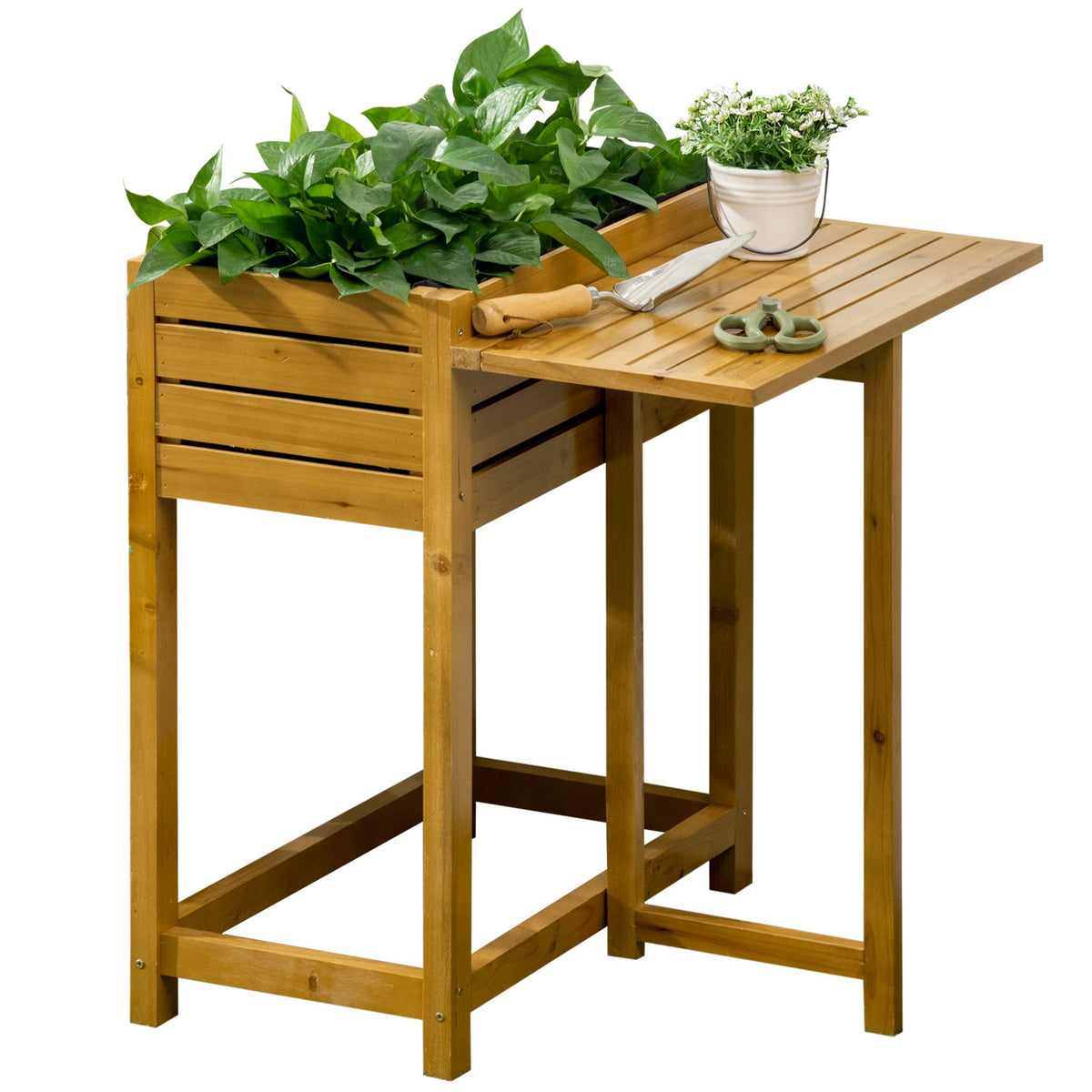 Raised Bed Flower Box Planter With Folding Table Top, Herb Bed With Inner Lining Made Of Fleece, Wood, Brown, 64 X 80 X 30 Cm