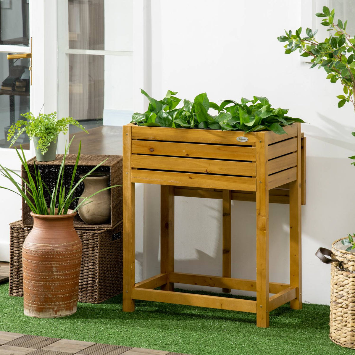 Raised Bed Flower Box Planter With Folding Table Top, Herb Bed With Inner Lining Made Of Fleece, Wood, Brown, 64 X 80 X 30 Cm