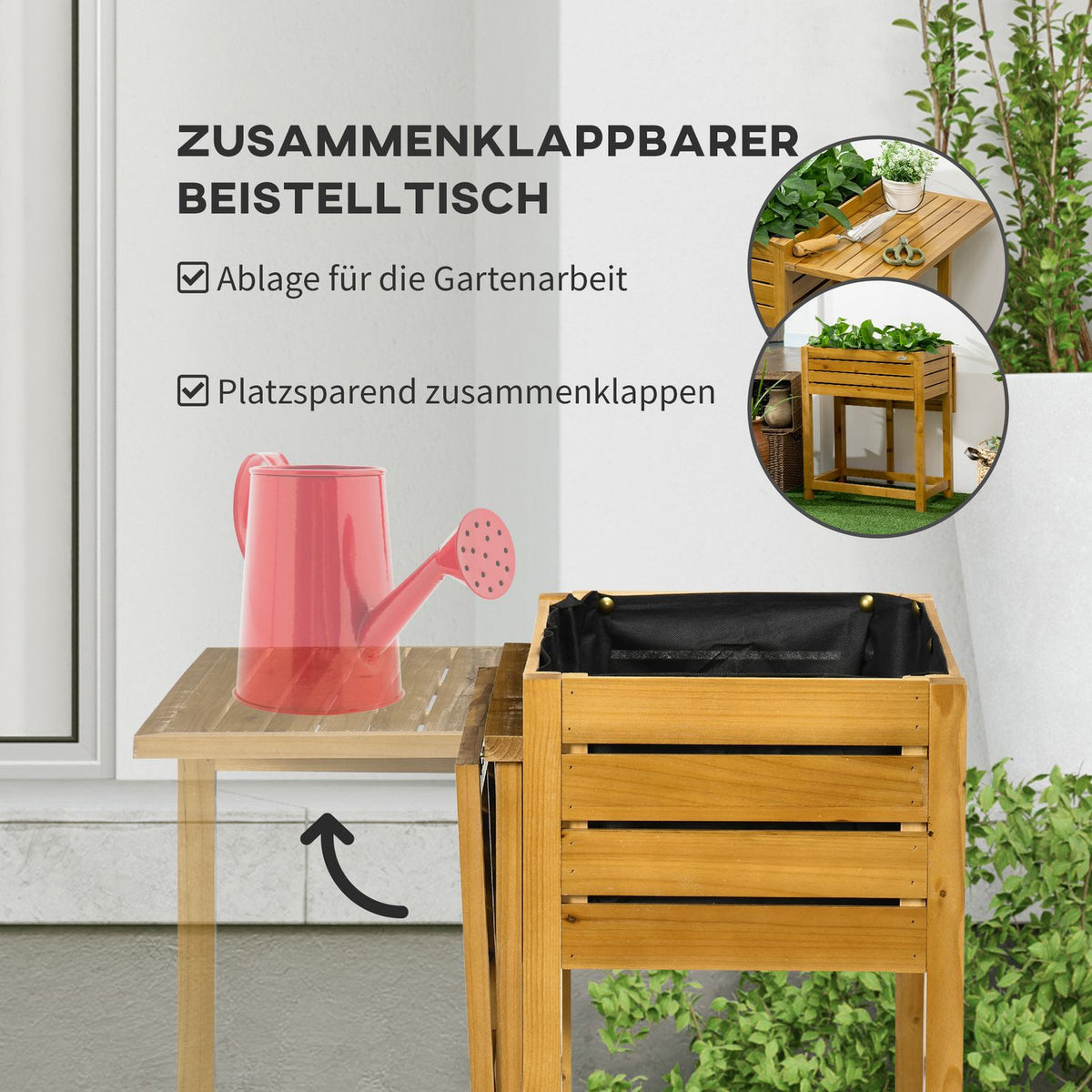 Raised Bed Flower Box Planter With Folding Table Top, Herb Bed With Inner Lining Made Of Fleece, Wood, Brown, 64 X 80 X 30 Cm