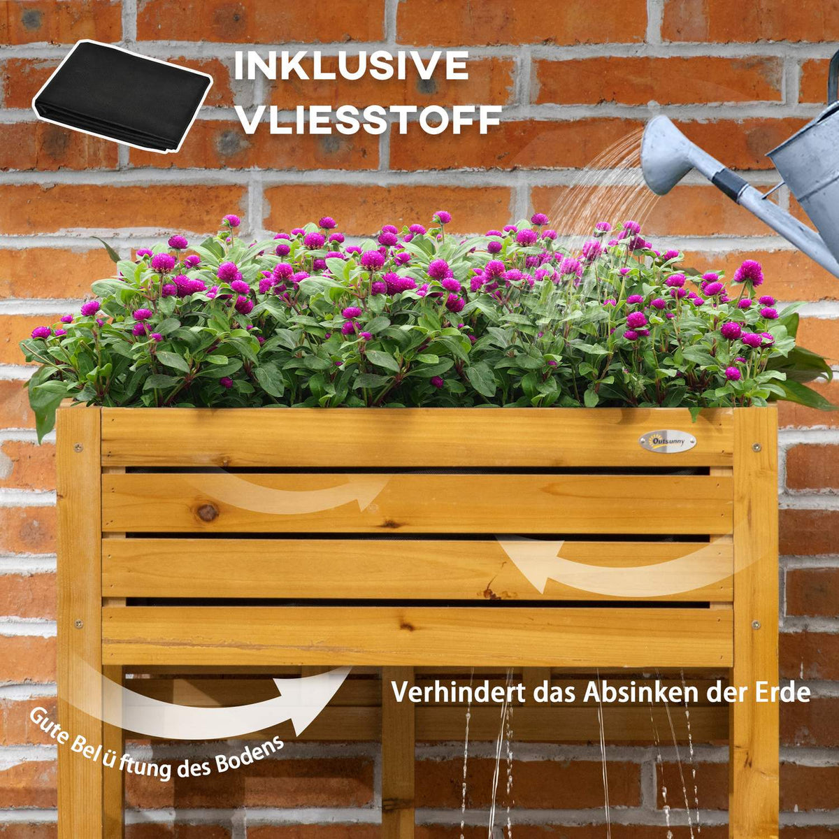Raised Bed Flower Box Planter With Folding Table Top, Herb Bed With Inner Lining Made Of Fleece, Wood, Brown, 64 X 80 X 30 Cm