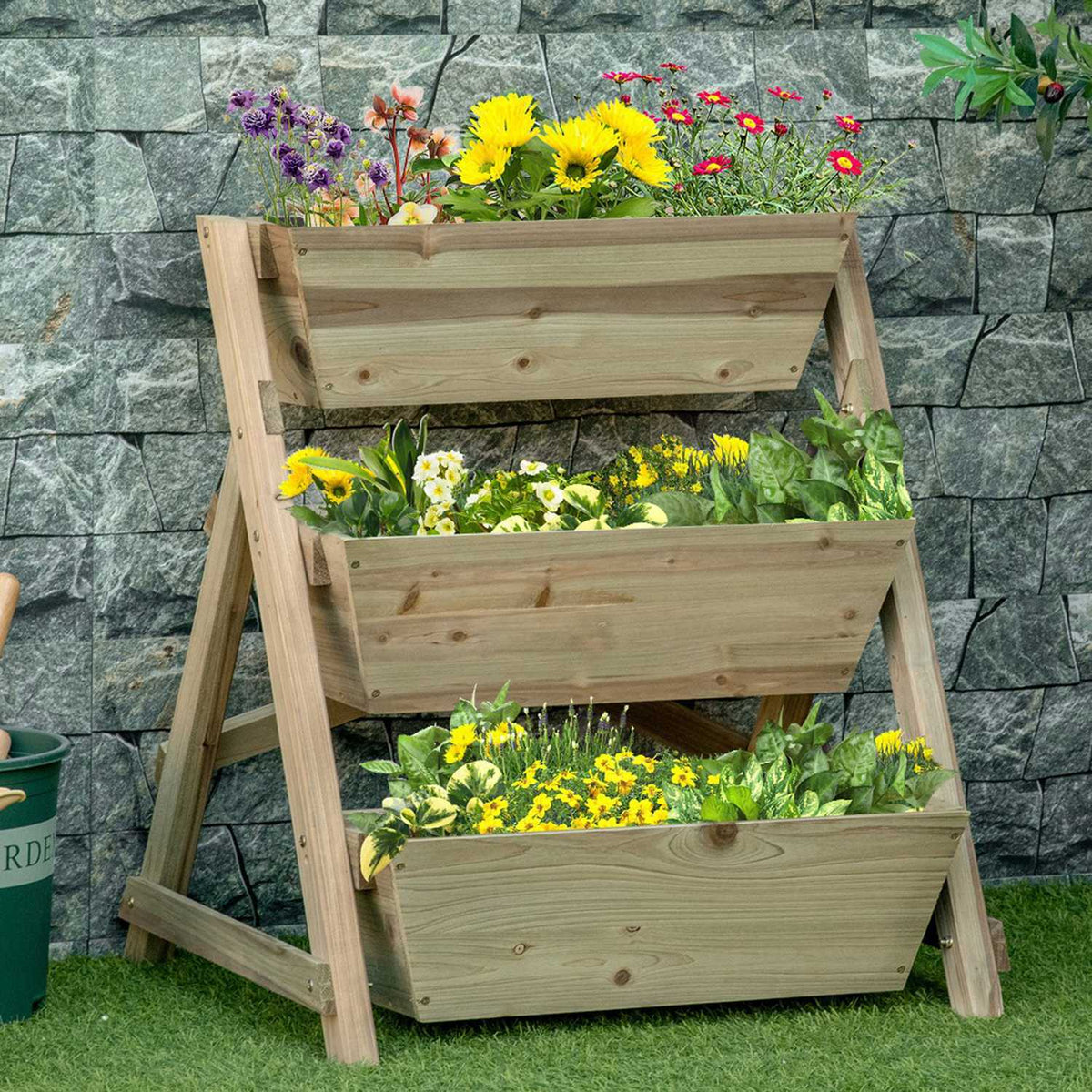 Raised Bed Flower Stairs Wooden Flower Ladder With 3 Shelves Plant Stairs Plant Shelf Plant Stand Flower Shelf Flower Stand Natural 71X61X77Cm