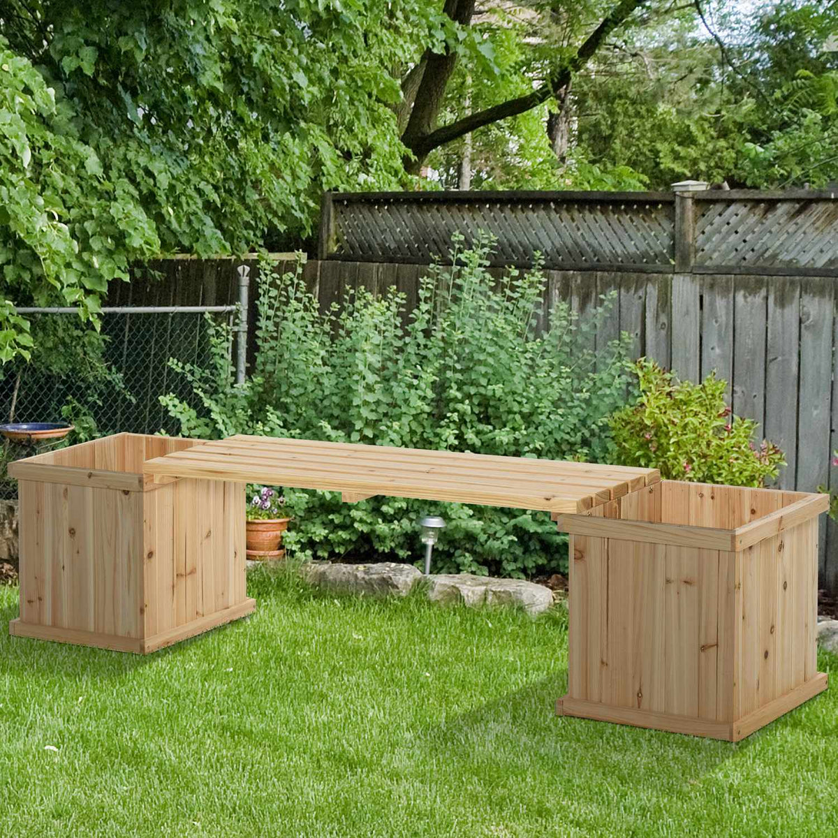 Raised Bed Garden Bench Wooden Bench Park Bench With 2 Wooden Plant Boxes With Flower Box Garden Natural 176 X 38 X 40 Cm