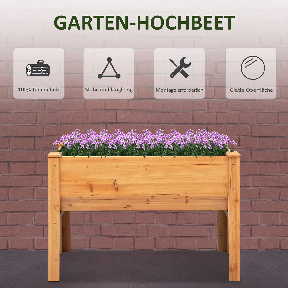 Raised Bed Herb Bed Plant Box Made Of Wood With Drainage Hole & Hooks, Flower Box On Feet, 124X60X81 Cm, Natural
