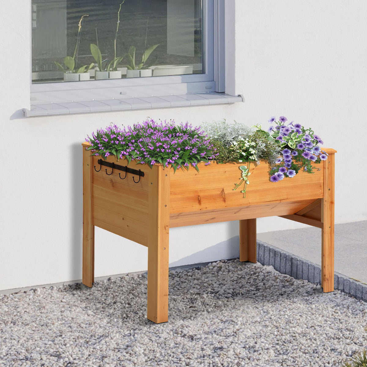 Raised Bed Herb Bed Plant Box Made Of Wood With Drainage Hole & Hooks, Flower Box On Feet, 124X60X81 Cm, Natural