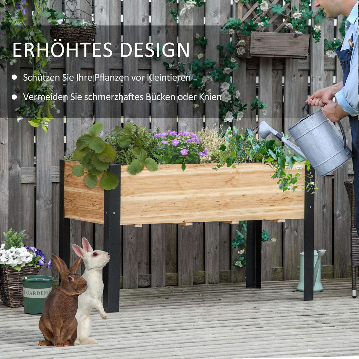 Raised Bed Large Plant Box Made Of Solid Wood & Steel, 120X60X74Cm, Natural+Black