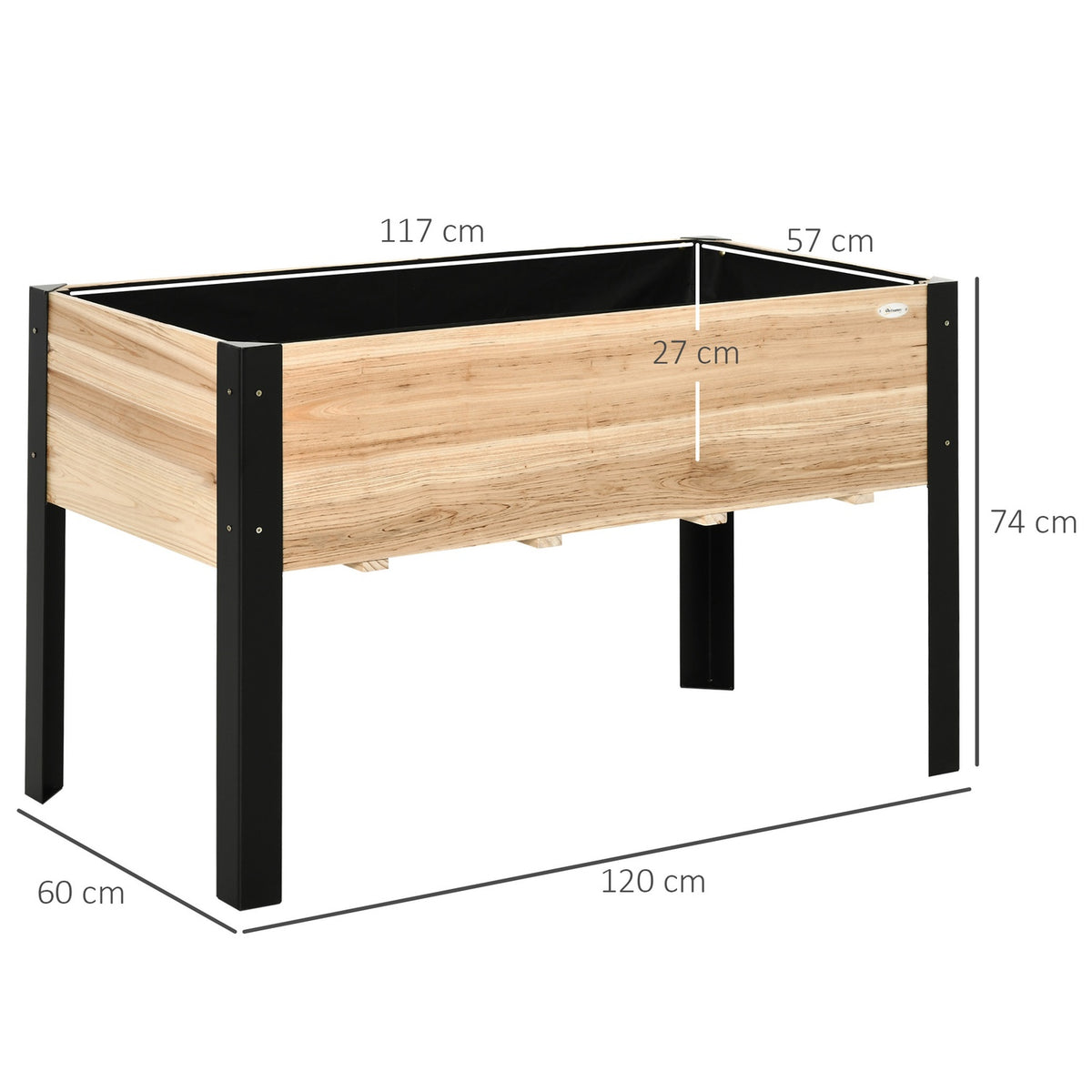 Raised Bed Large Plant Box Made Of Solid Wood & Steel, 120X60X74Cm, Natural+Black