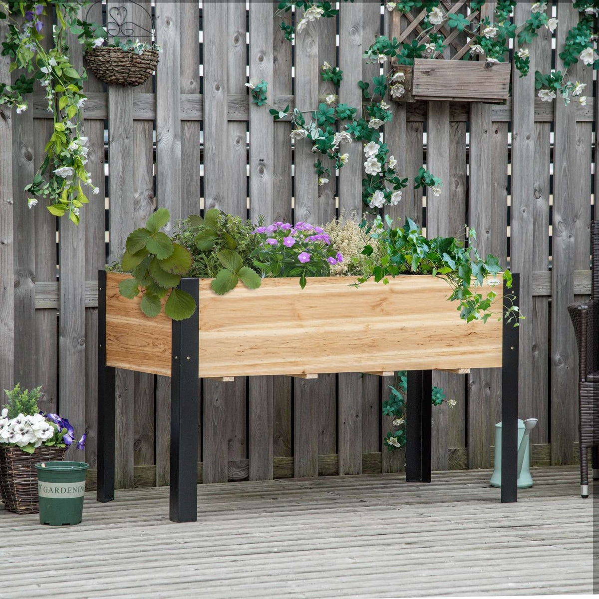 Raised Bed Large Plant Box Made Of Solid Wood & Steel, 120X60X74Cm, Natural+Black