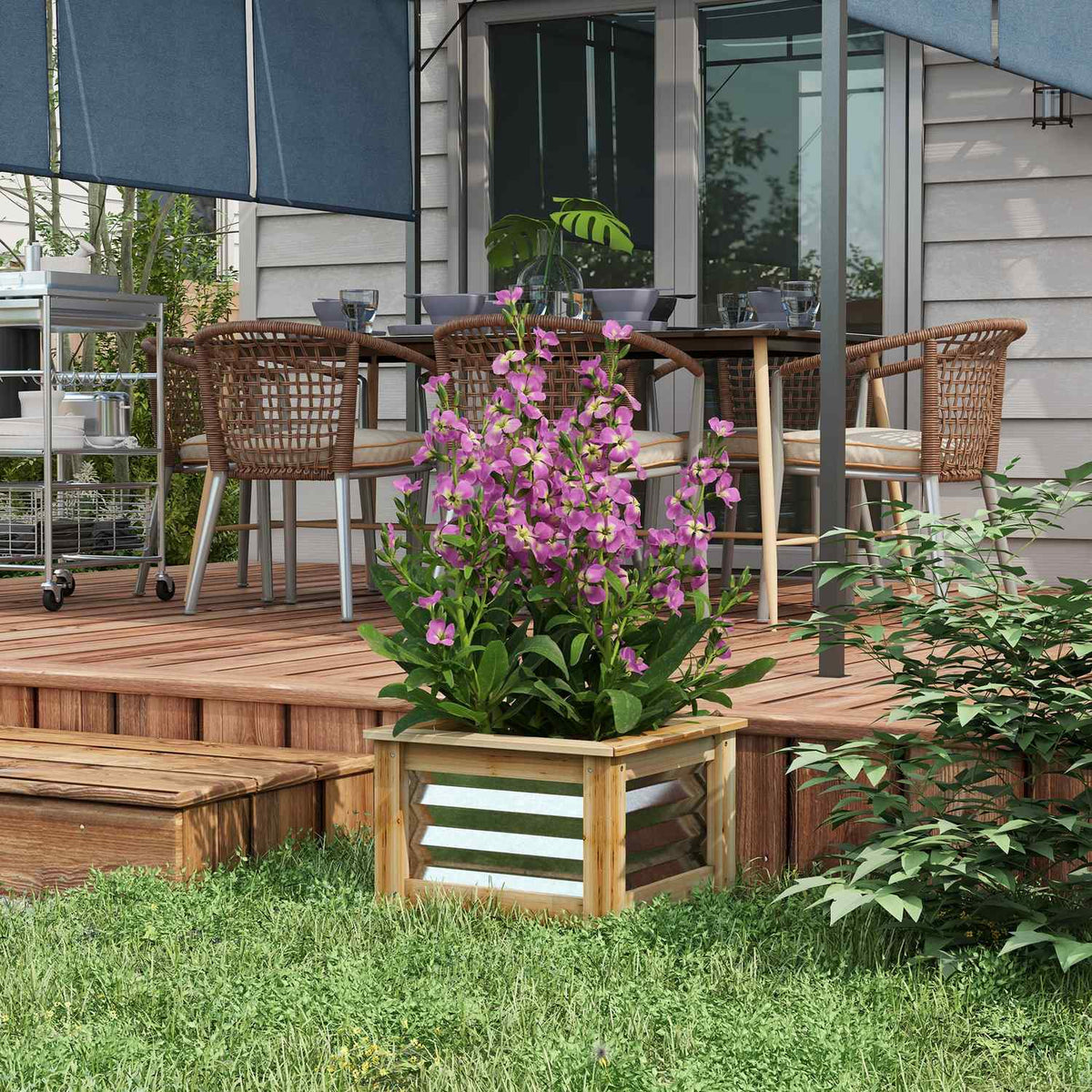Raised Bed Metal Flower Box Plant Box With Wooden Frame For Garden & Balcony Natural 45 X 45 X 30 Cm