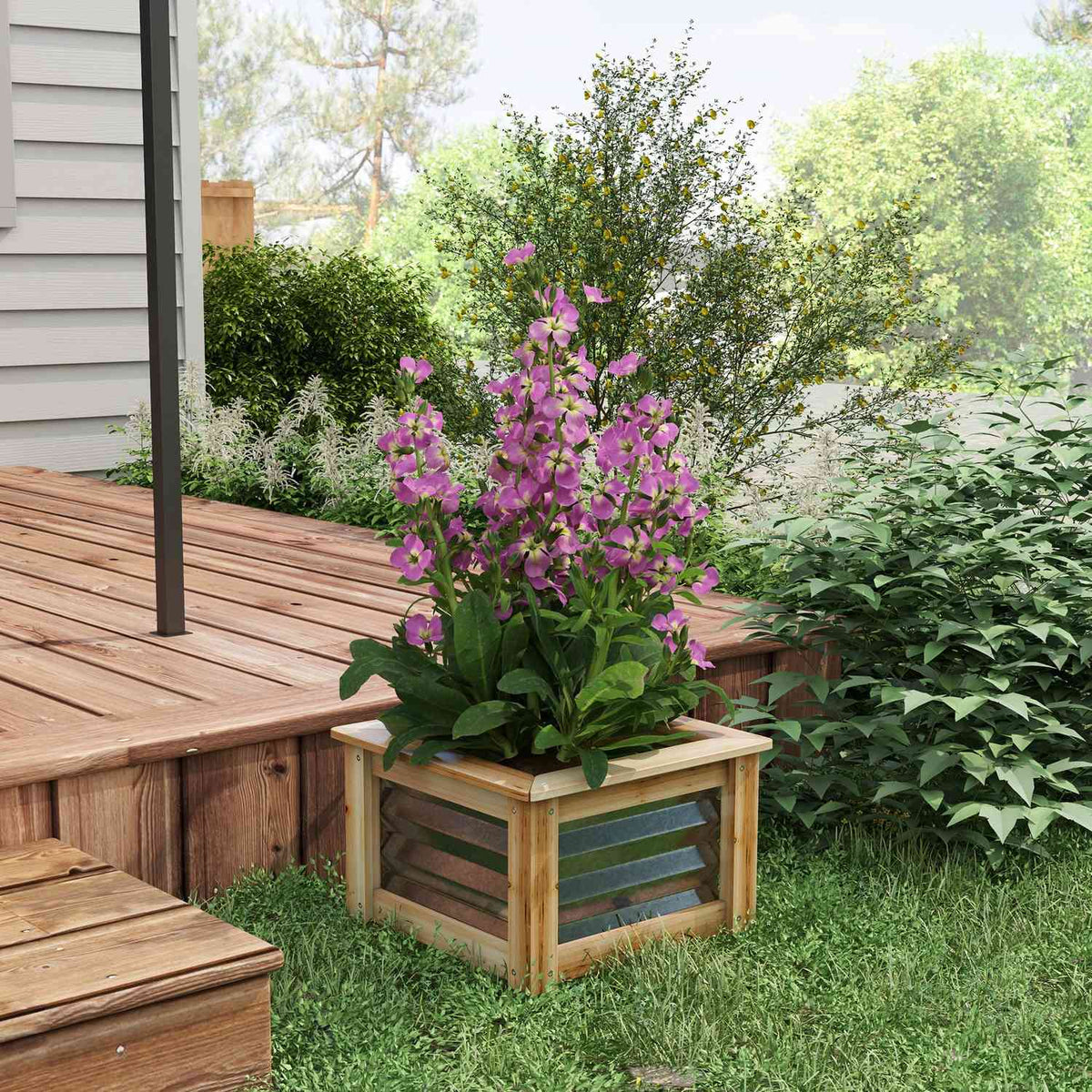 Raised Bed Metal Flower Box Plant Box With Wooden Frame For Garden & Balcony Natural 45 X 45 X 30 Cm