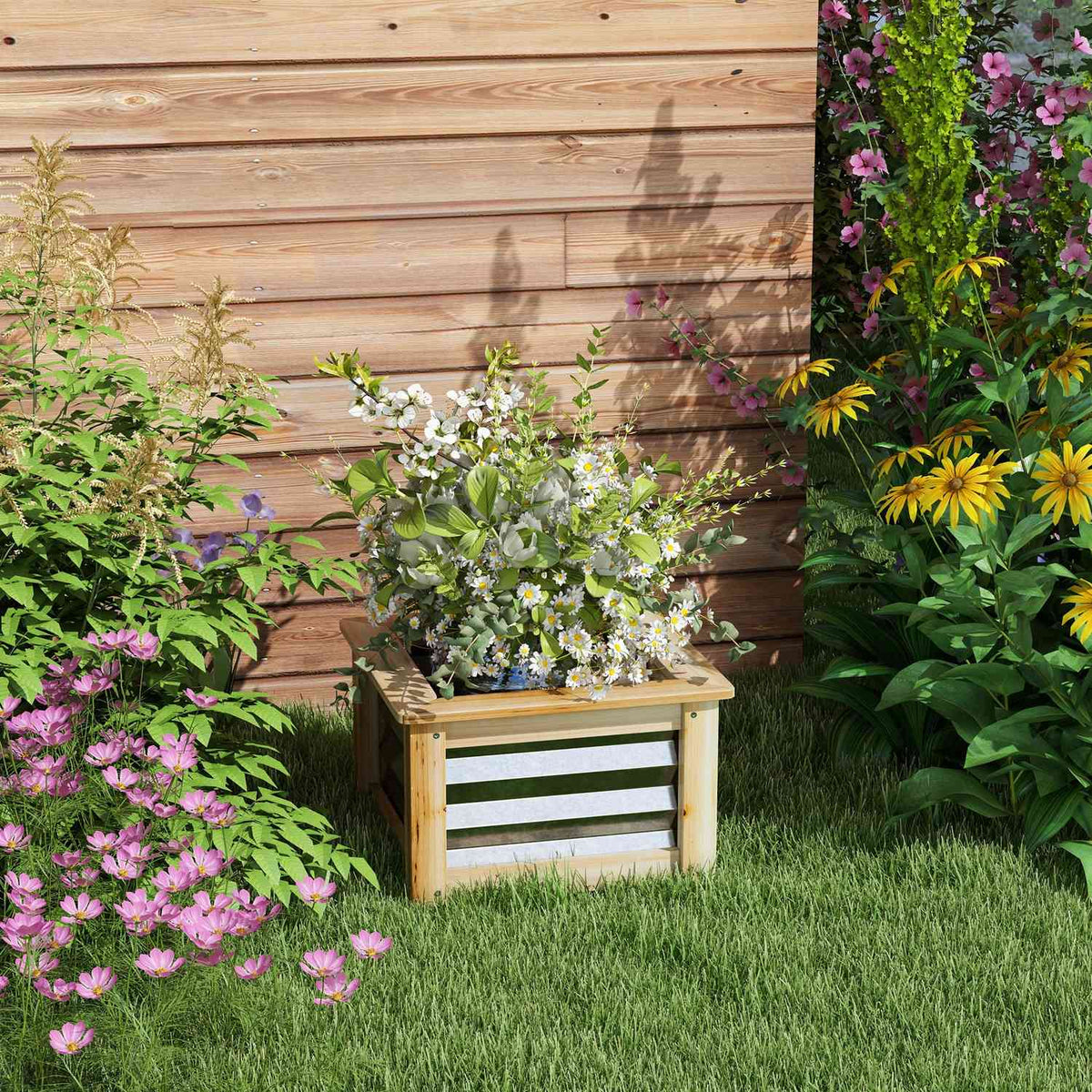 Raised Bed Metal Flower Box Plant Box With Wooden Frame For Garden & Balcony Natural 45 X 45 X 30 Cm