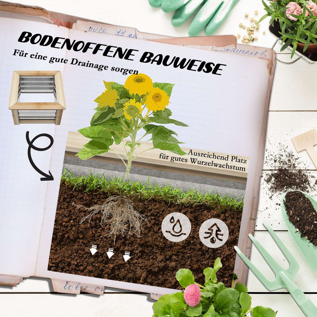 Raised Bed Metal Flower Box Plant Box With Wooden Frame For Garden & Balcony Natural 45 X 45 X 30 Cm