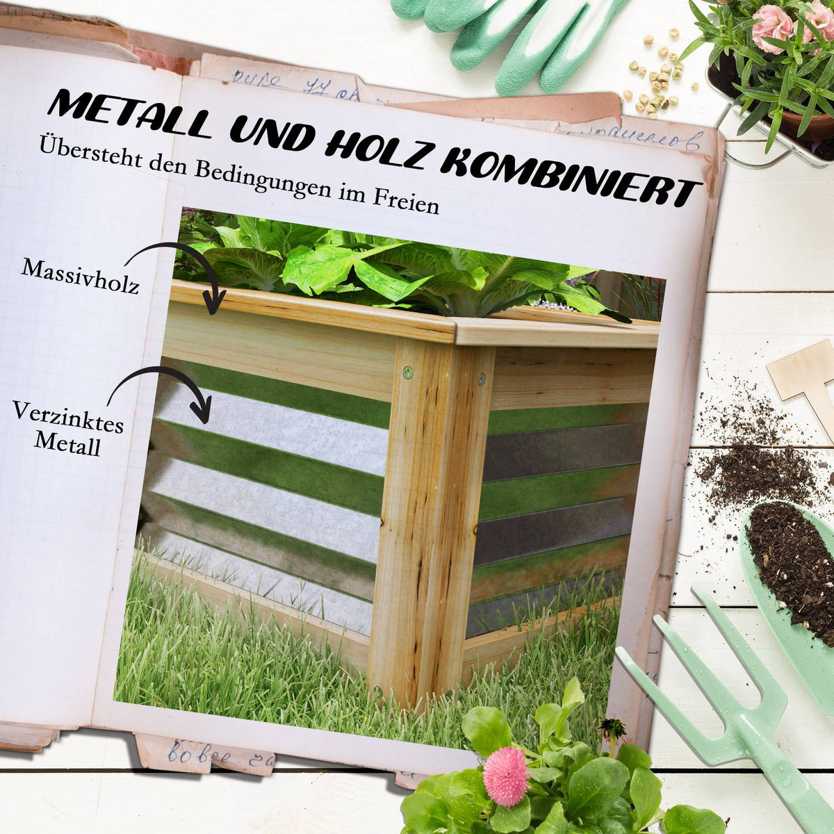 Raised Bed Metal Flower Box Plant Box With Wooden Frame For Garden & Balcony Natural 45 X 45 X 30 Cm