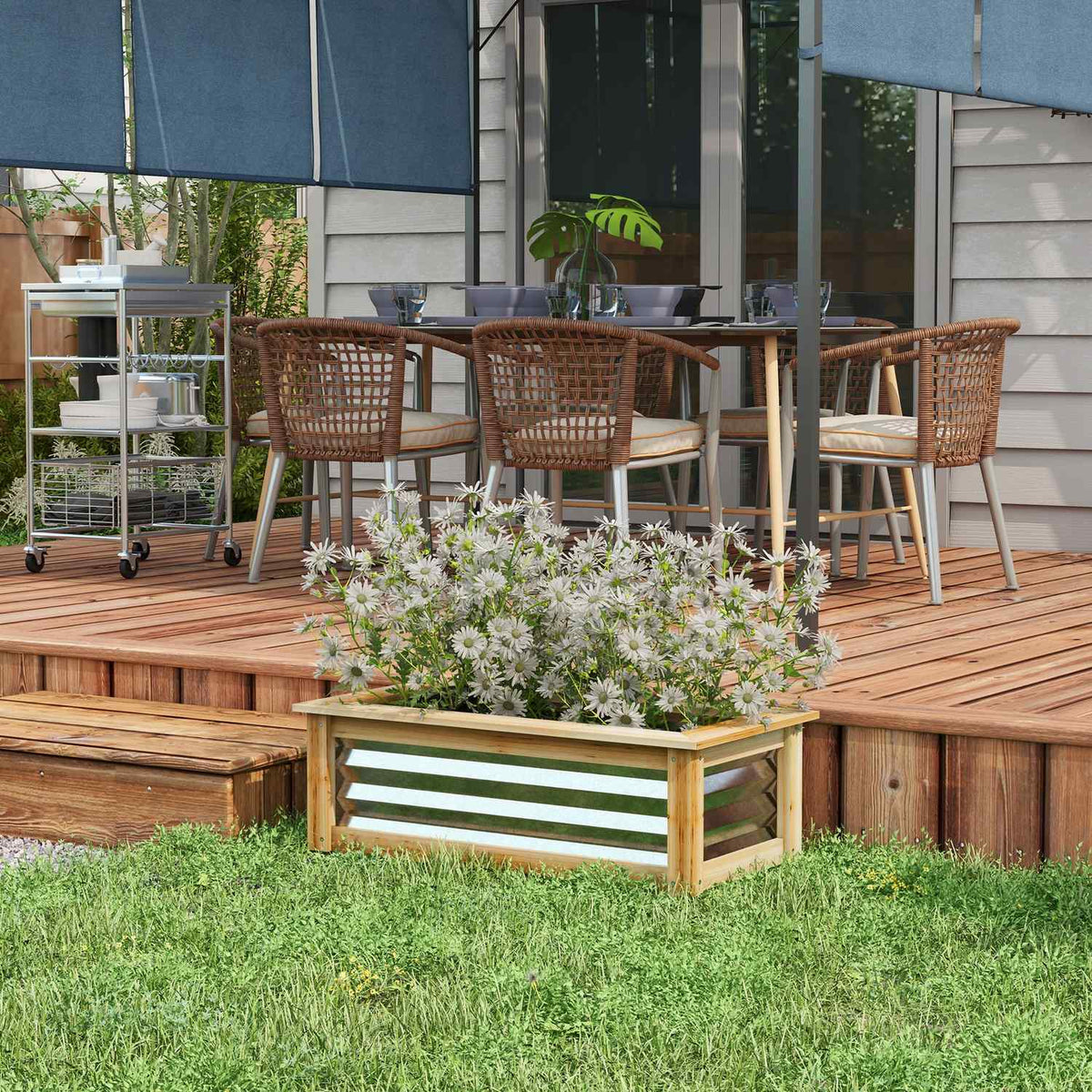 Raised Bed Metal Wooden Frame Flower Box Garden Balcony Natural 90X45X30Cm