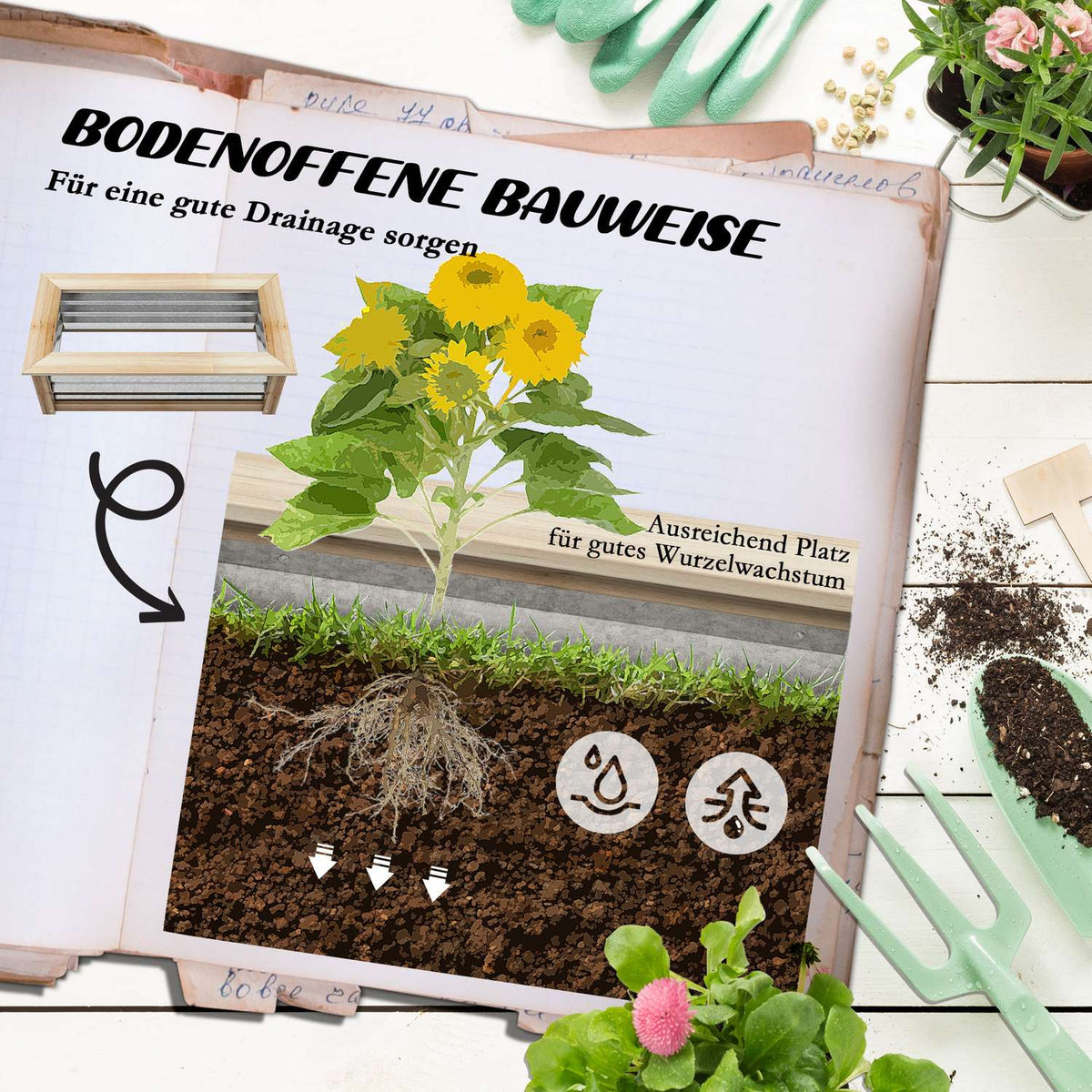 Raised Bed Metal Wooden Frame Flower Box Garden Balcony Natural 90X45X30Cm