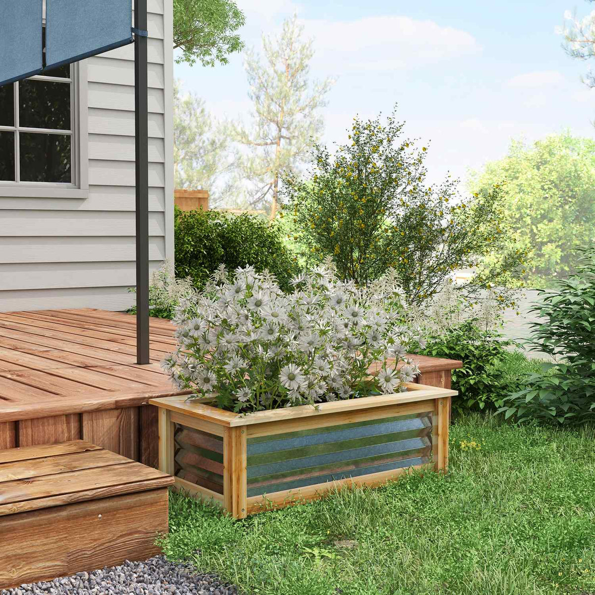 Raised Bed Metal Wooden Frame Flower Box Garden Balcony Natural 90X45X30Cm