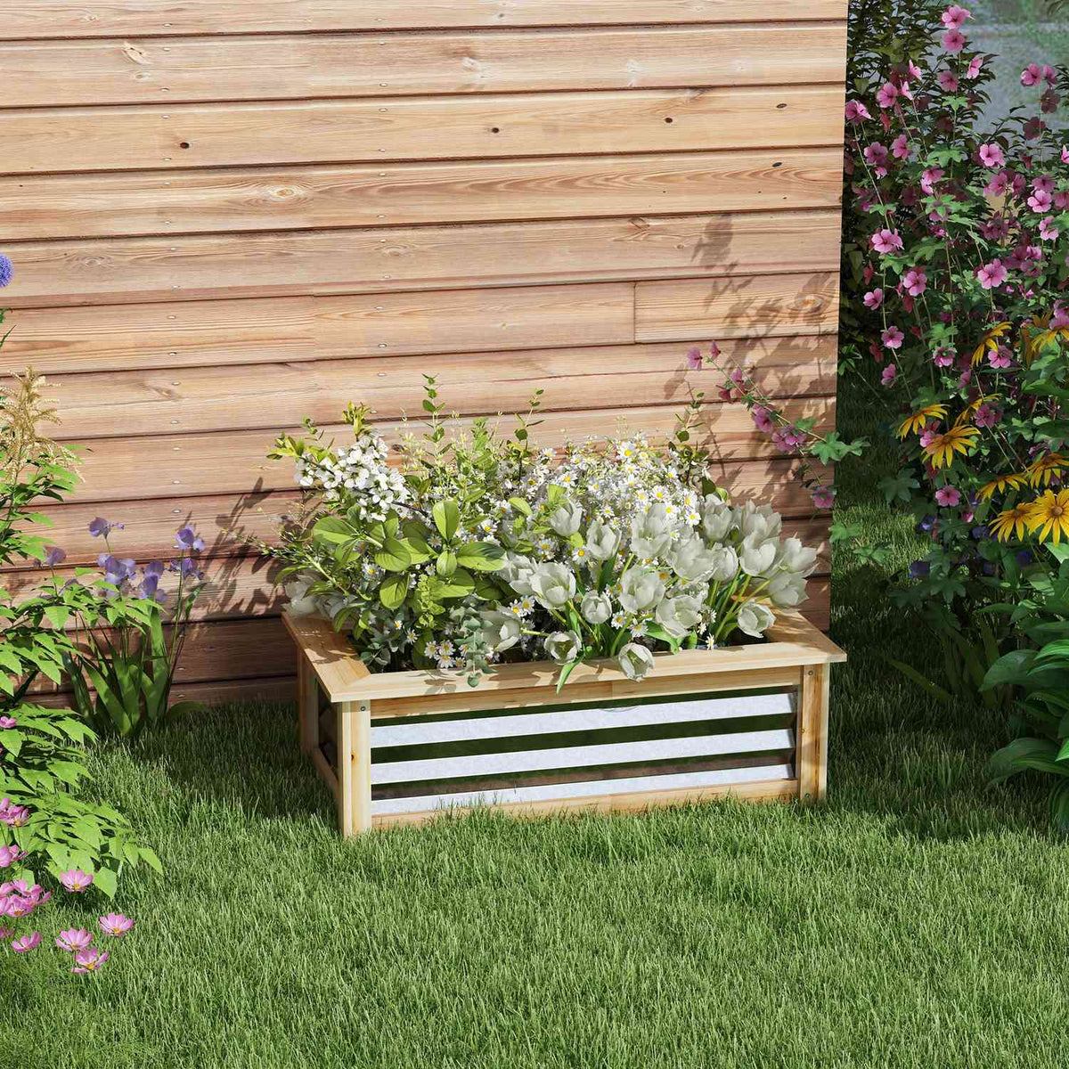 Raised Bed Metal Wooden Frame Flower Box Garden Balcony Natural 90X45X30Cm