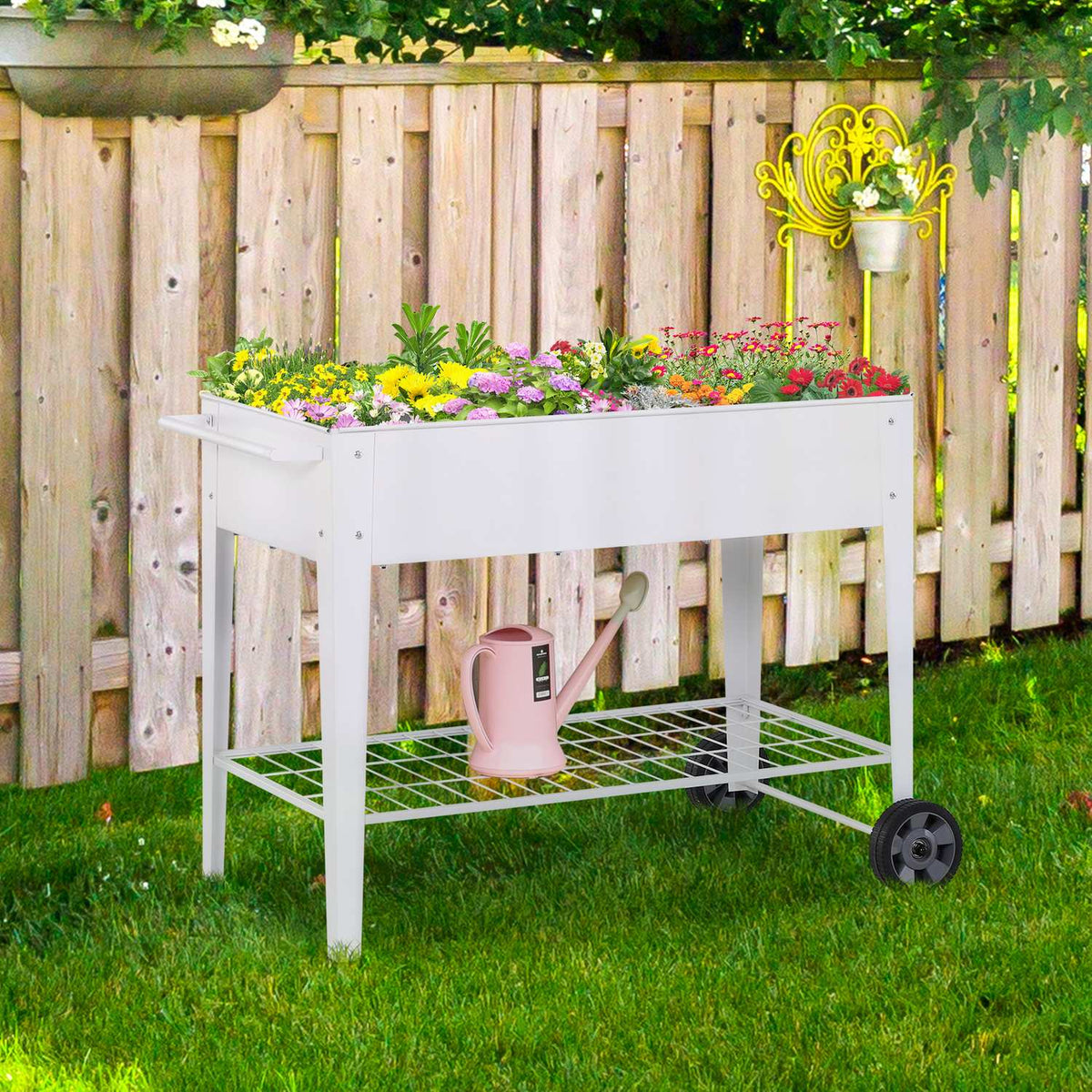 Raised Bed Mobile Plant Trolley With Storage Space Plant Bed With 2 Wheels Metal White 112 X 59 X 80 Cm