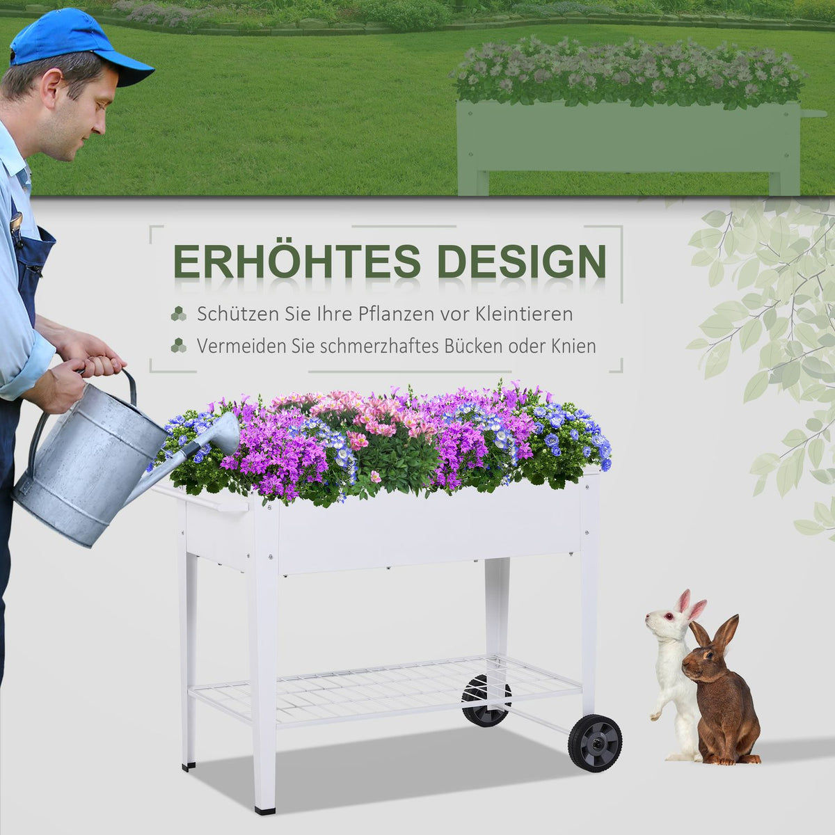 Raised Bed Mobile Plant Trolley With Storage Space Plant Bed With 2 Wheels Metal White 112 X 59 X 80 Cm