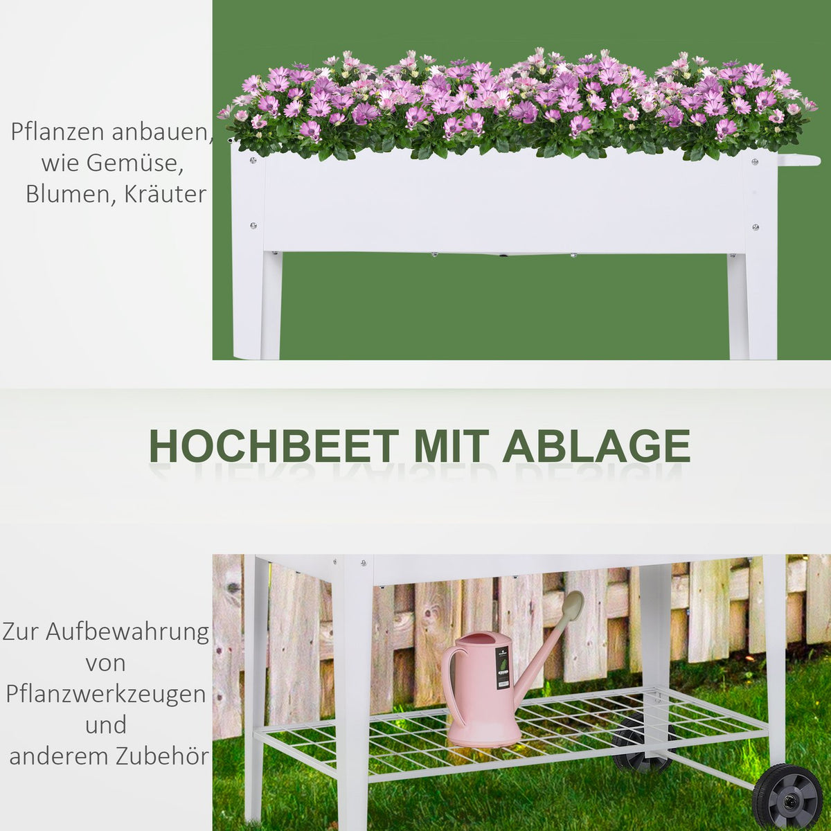 Raised Bed Mobile Plant Trolley With Storage Space Plant Bed With 2 Wheels Metal White 112 X 59 X 80 Cm