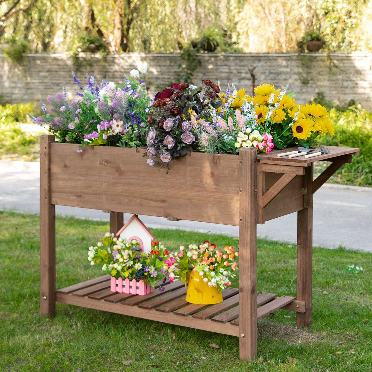 Raised Bed Planter Box With 8 Grids & Foldable Shelf, Solid Wood, Brown, 123X54X74Cm