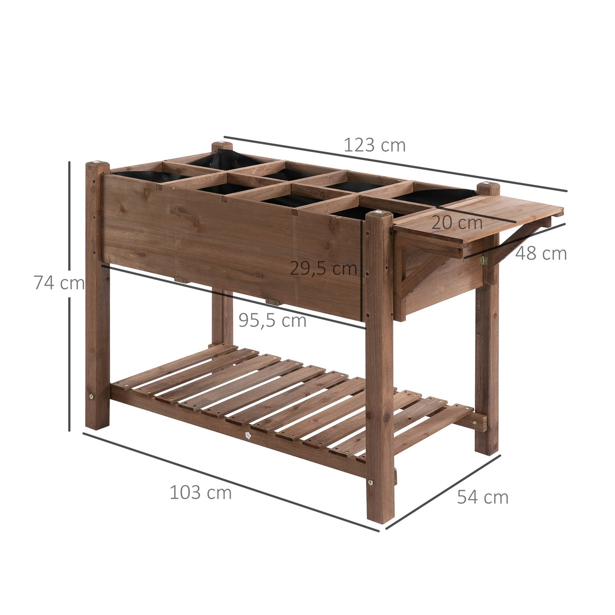 Raised Bed Planter Box With 8 Grids & Foldable Shelf, Solid Wood, Brown, 123X54X74Cm