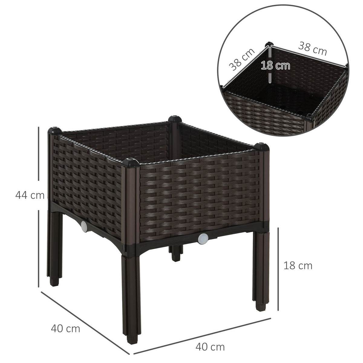 Raised Bed Planter In Rattan Look With Drainage Holes, Pp, Brown, 40X40X44Cm