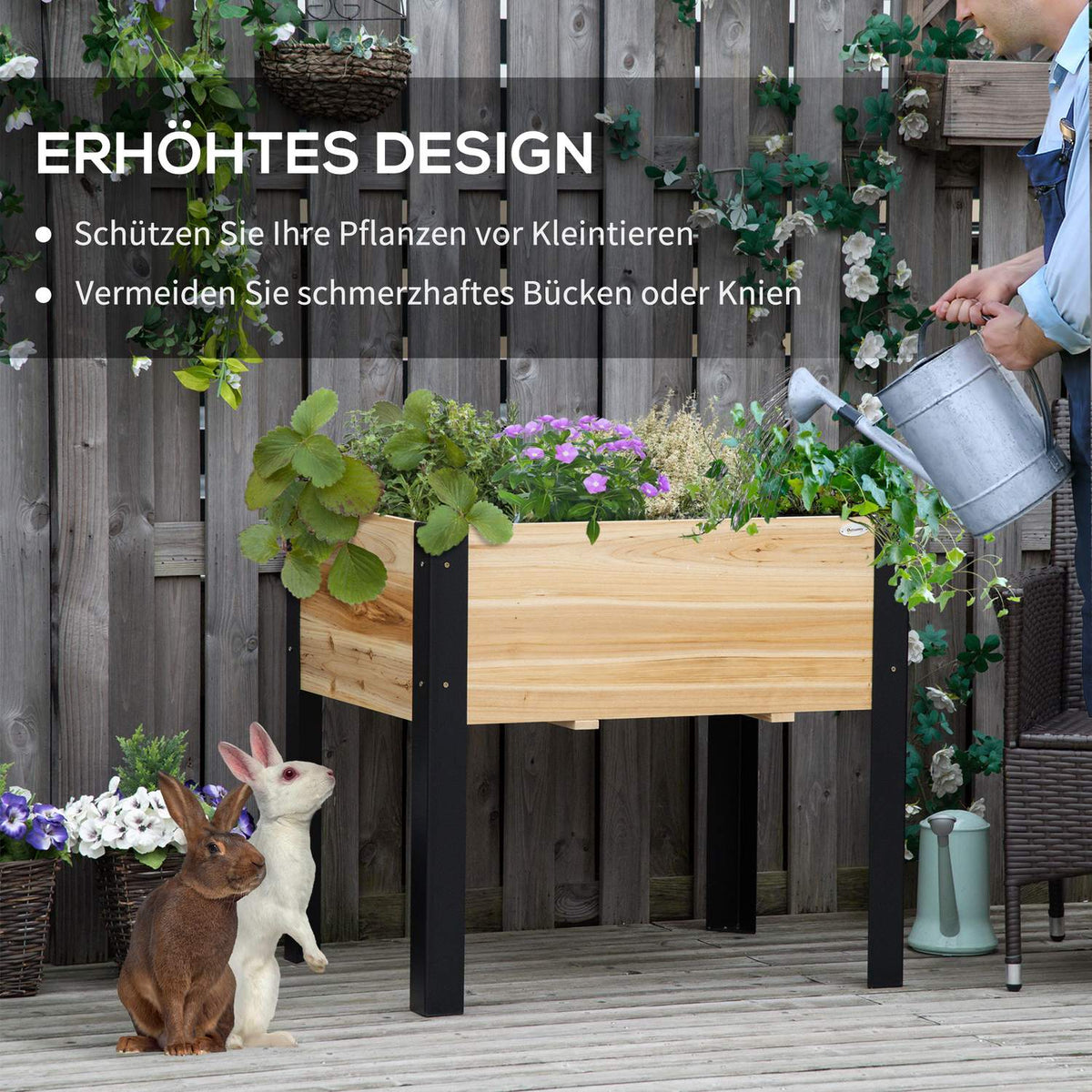 Raised Bed Planter Made Of Solid Wood And Steel With Non-Woven Fabric, 80X60X74Cm, Natural + Black