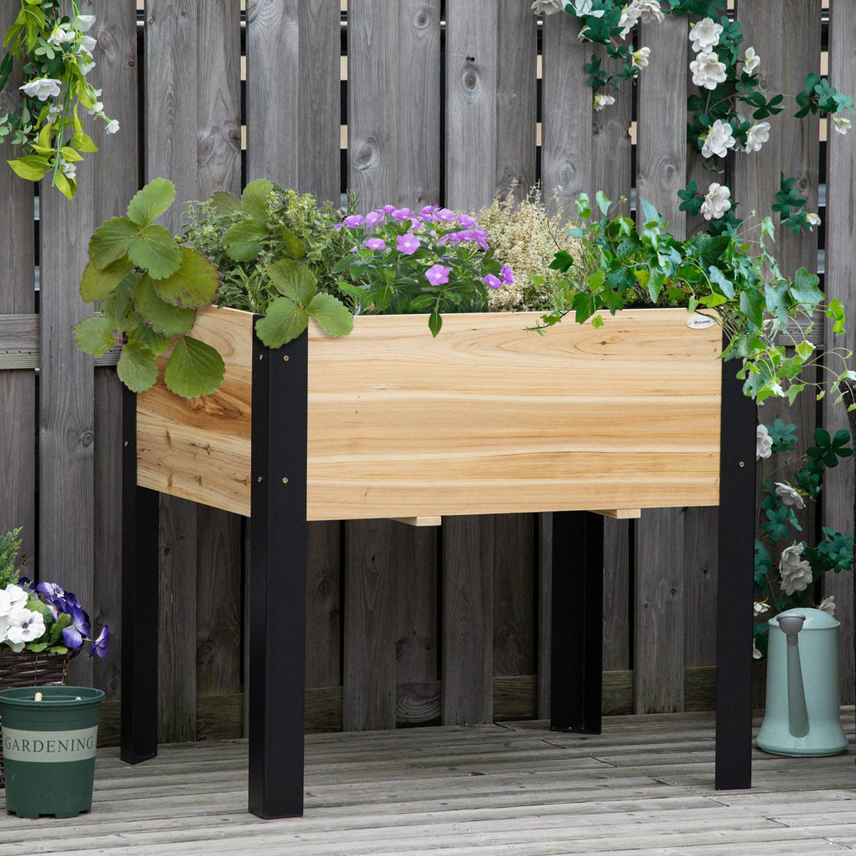 Raised Bed Planter Made Of Solid Wood And Steel With Non-Woven Fabric, 80X60X74Cm, Natural + Black