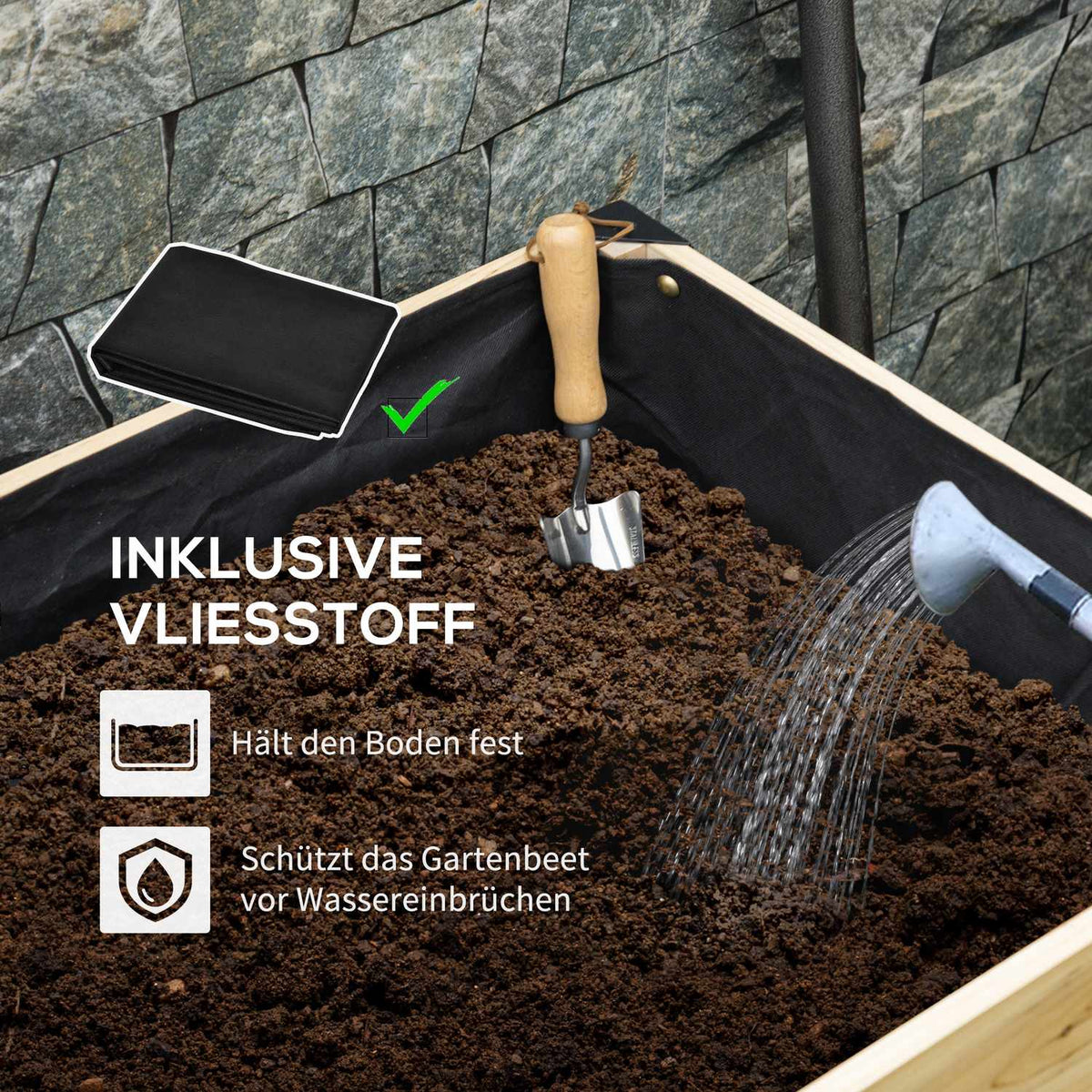 Raised Bed Planter Made Of Solid Wood And Steel With Non-Woven Fabric, 80X60X74Cm, Natural + Black
