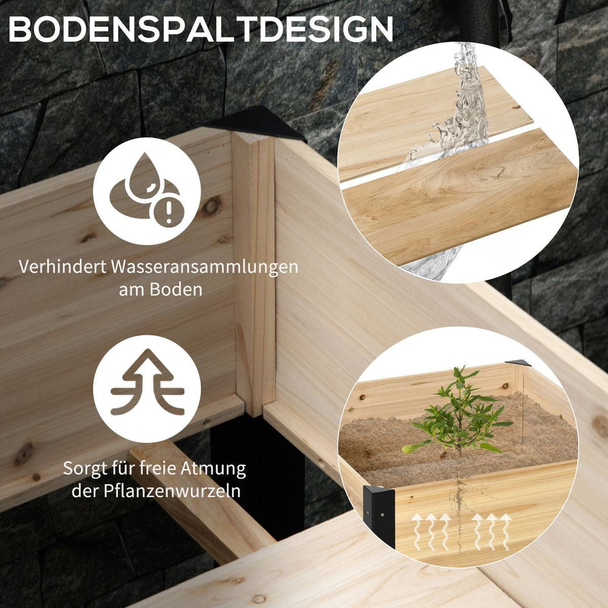 Raised Bed Planter Made Of Solid Wood And Steel With Non-Woven Fabric, 80X60X74Cm, Natural + Black