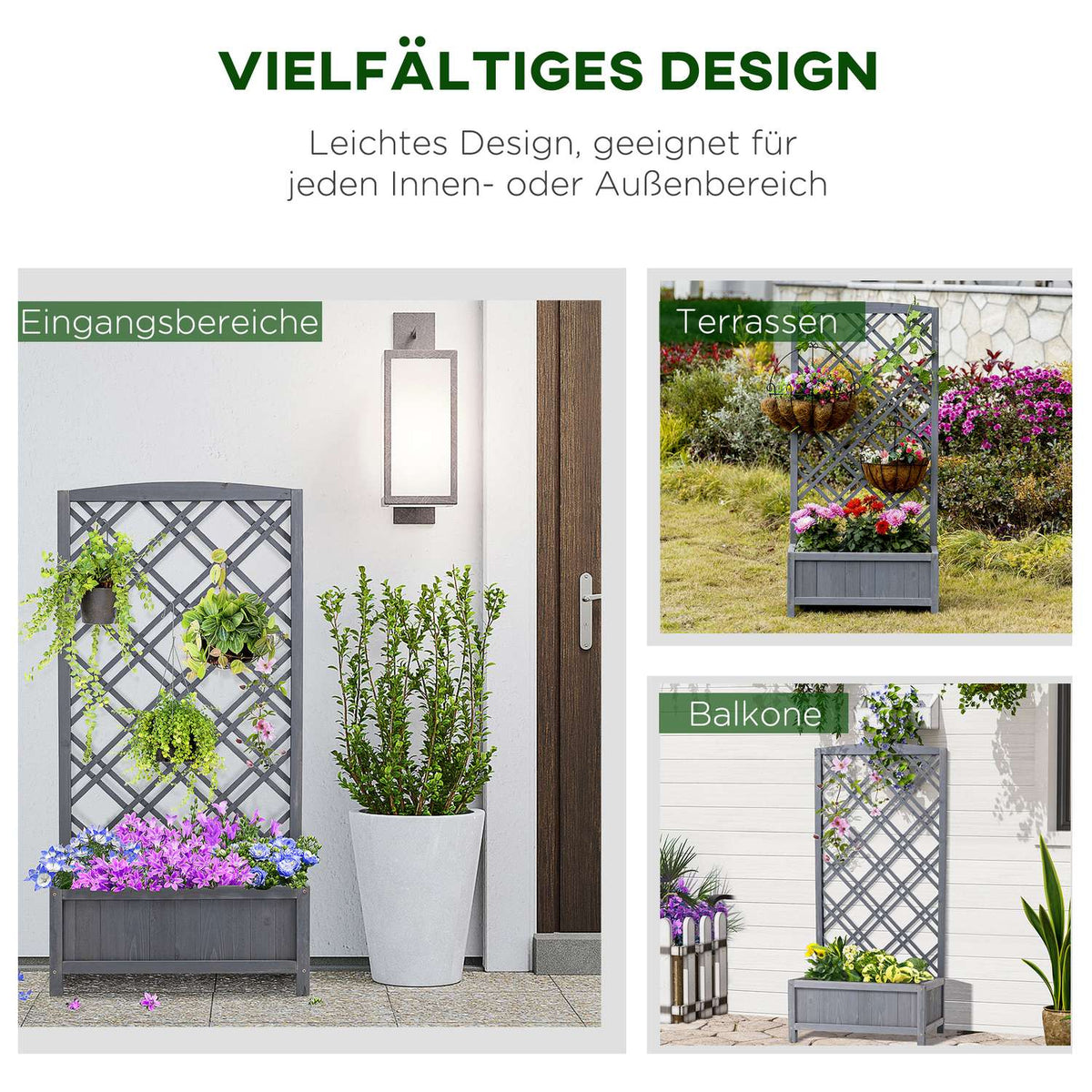 Raised Bed Planter With Trellis, Wood, Gray, 60X30X122.5Cm