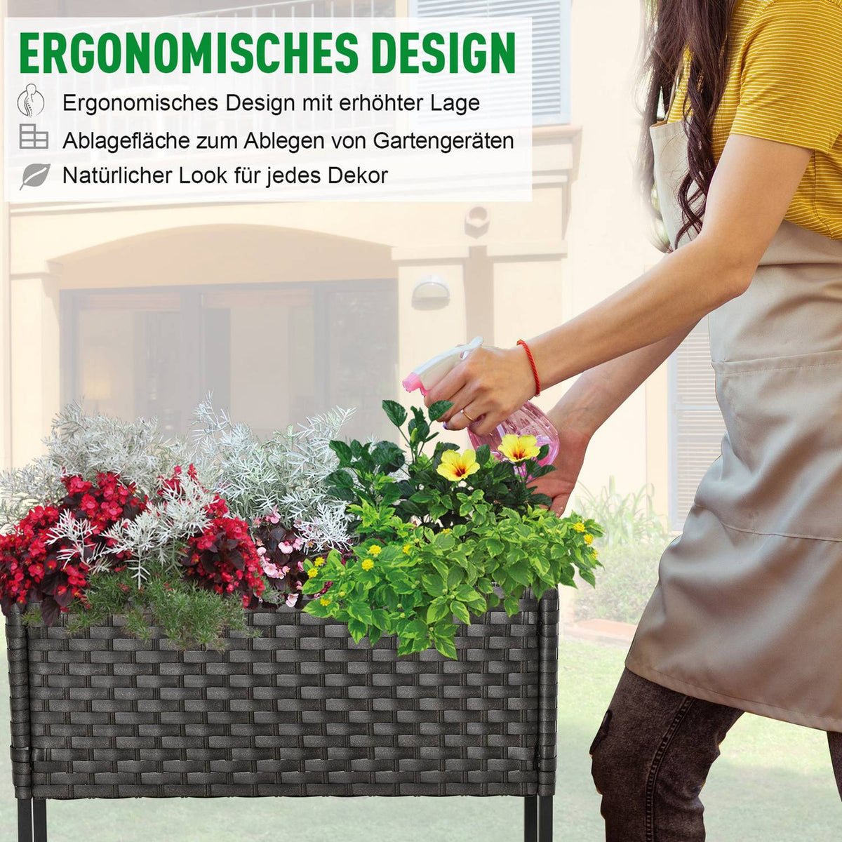 Raised Bed Poly Rattan Flower Box With Feet And Shelf, Brown, 70 X 30 X 72 Cm