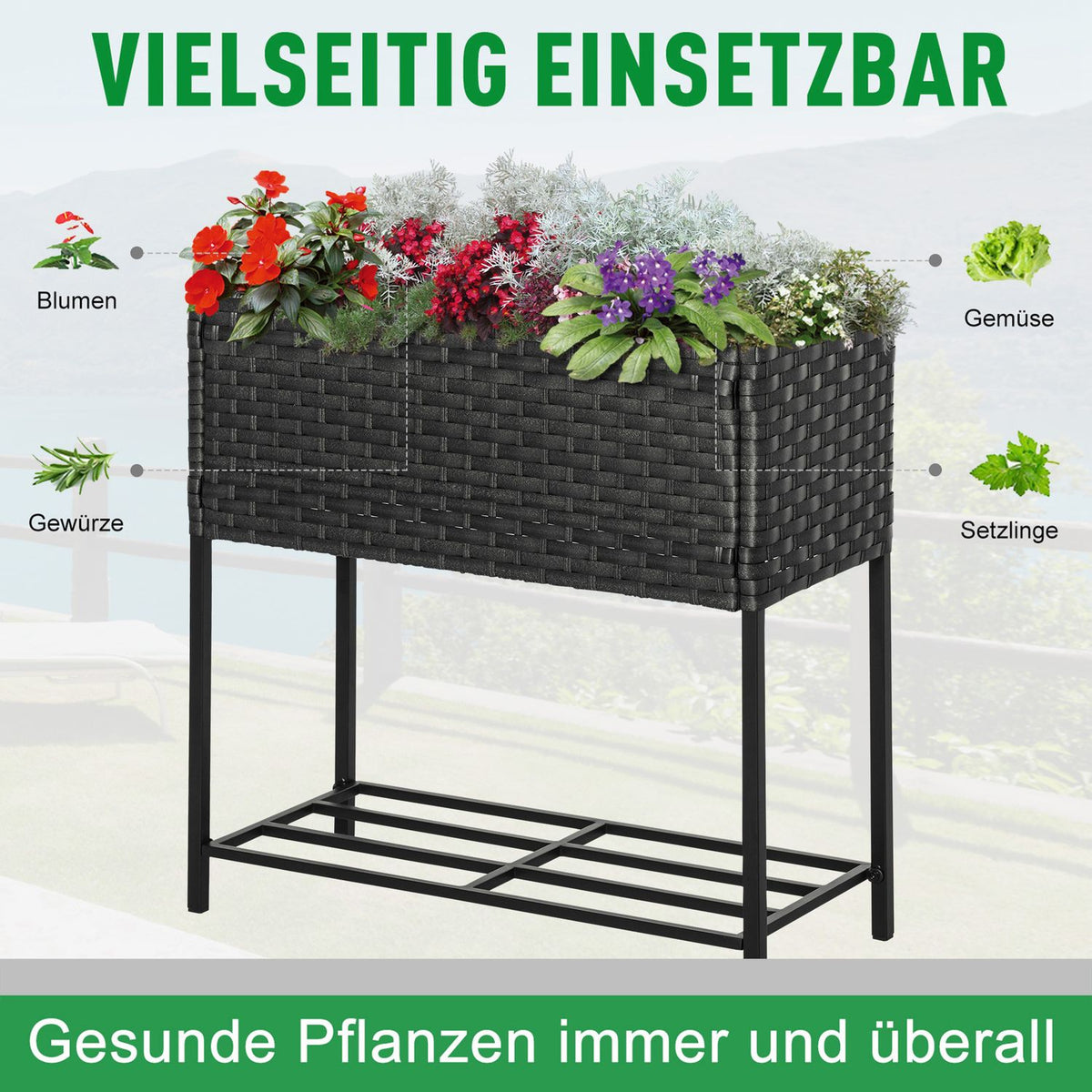 Raised Bed Poly Rattan Flower Box With Feet And Shelf, Brown, 70 X 30 X 72 Cm