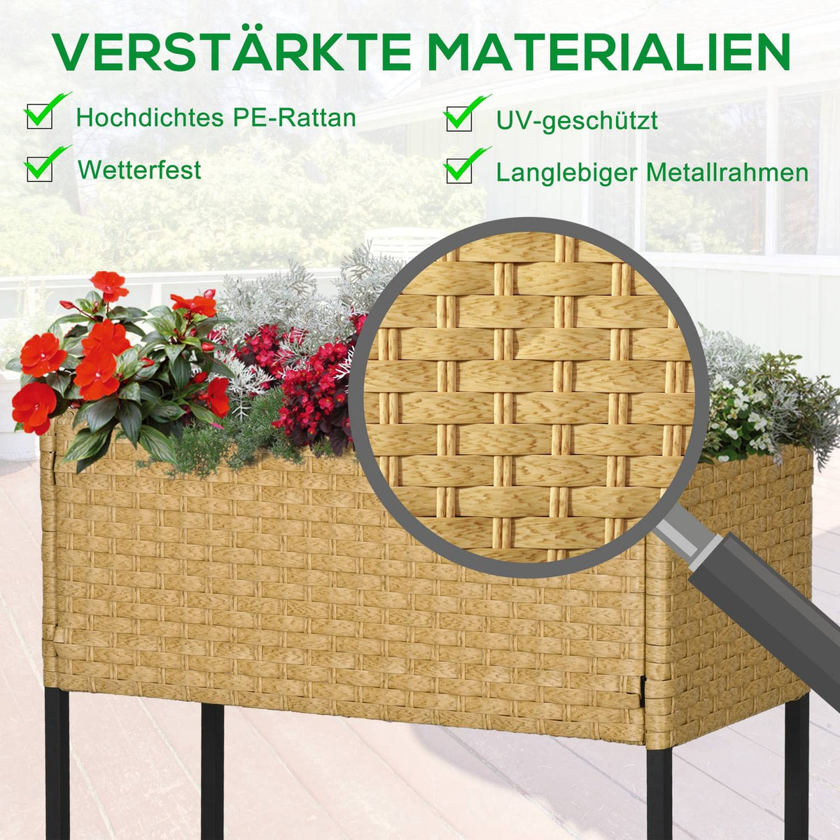 Raised Bed Poly Rattan Flower Box With Feet And Shelf, Sand, 70 X 30 X 72 Cm