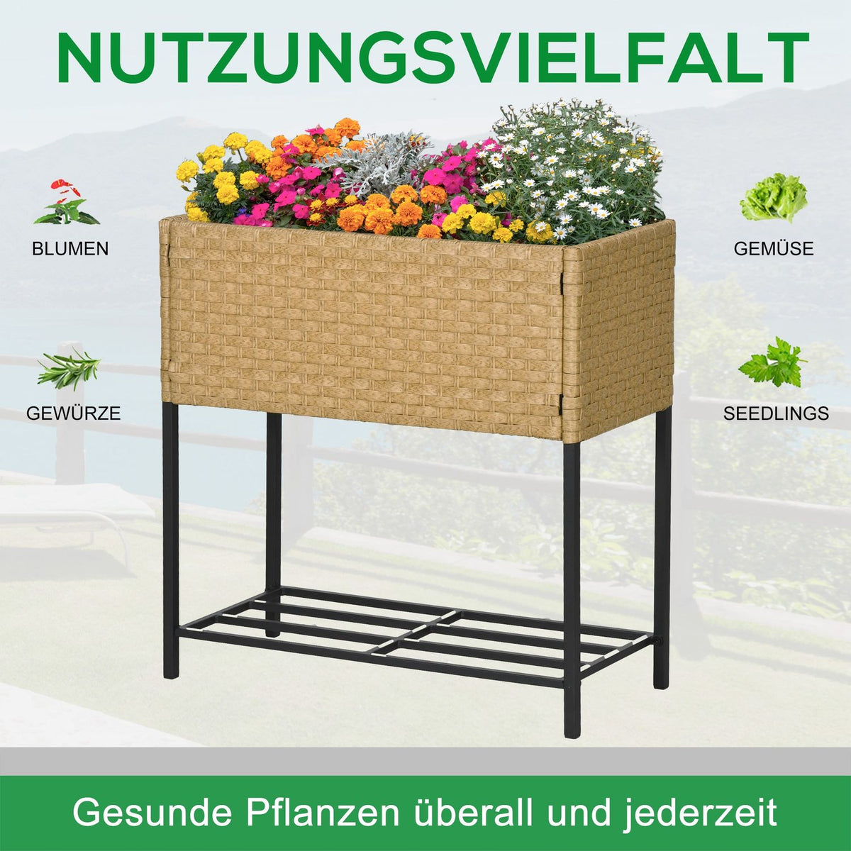 Raised Bed Poly Rattan Flower Box With Feet And Shelf, Sand, 70 X 30 X 72 Cm